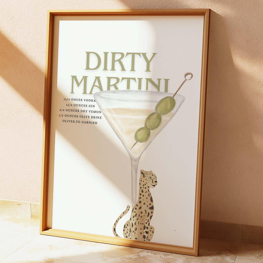 dirty martini recipe wall print with cheetah bar cart art