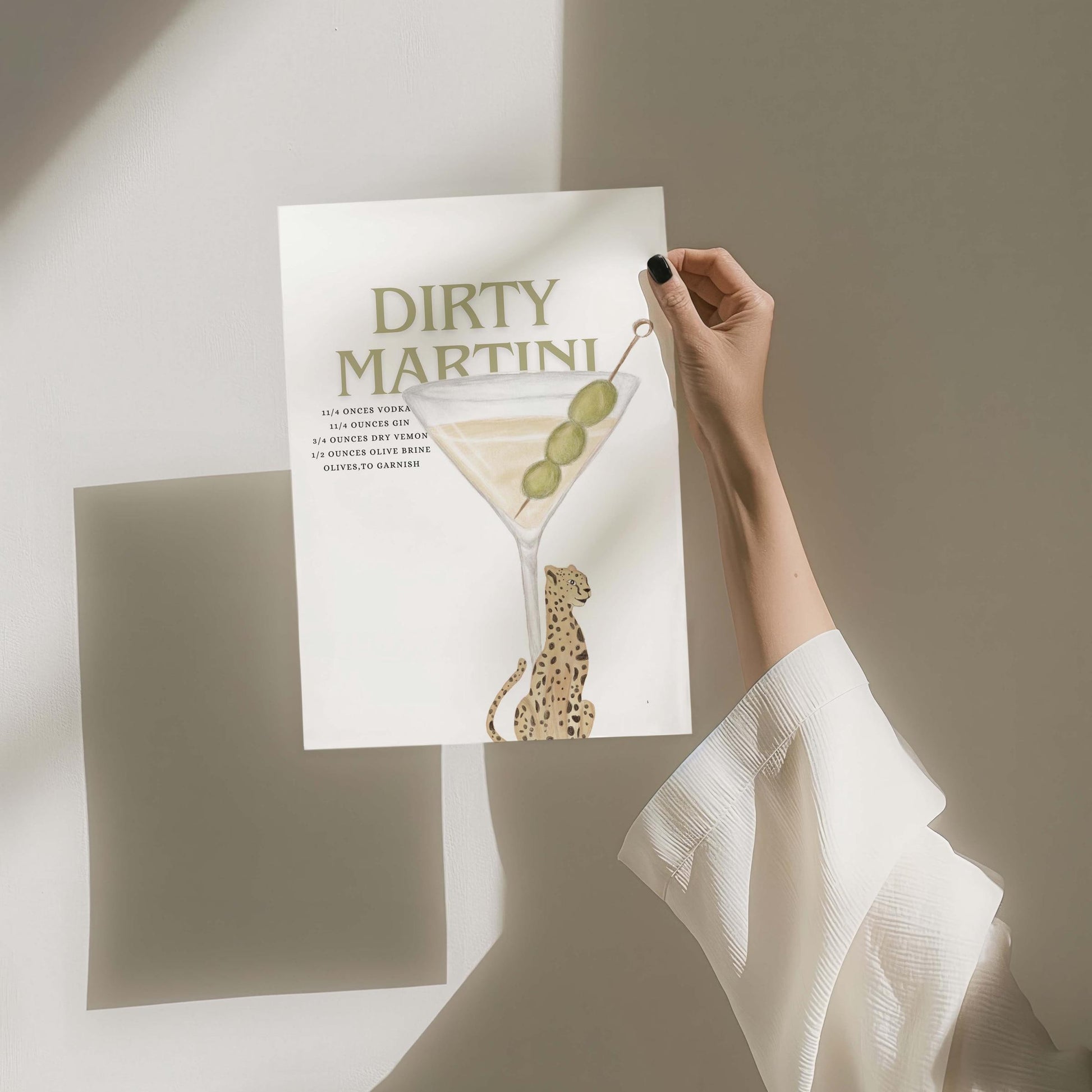 dirty martini recipe wall print with cheetah bar cart art