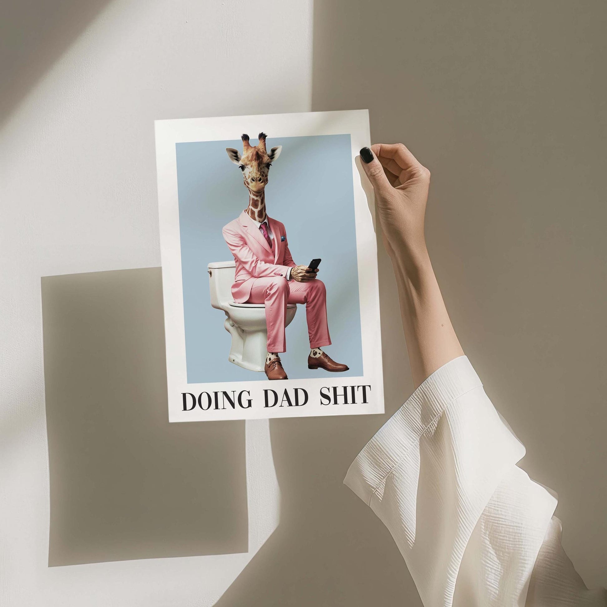 funny giraffe in pink suit sitting on toilet holding phone doing dad shit quote