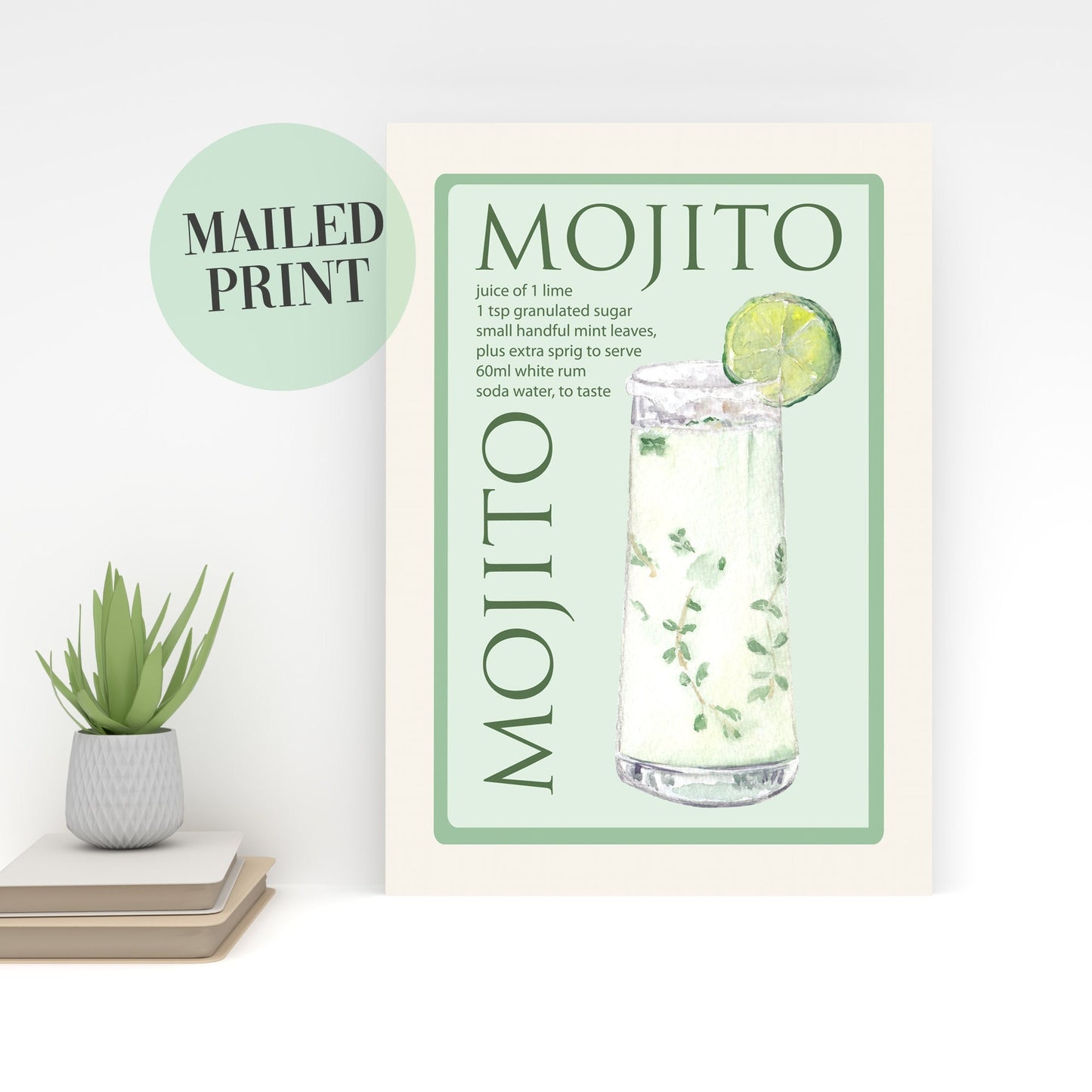 Mojito Cocktail Recipe Wall Print, Unframed A4/A3 Card Art Print, Cocktail Wall Decor, Alcohol Cocktails Print, Bar Cart Art