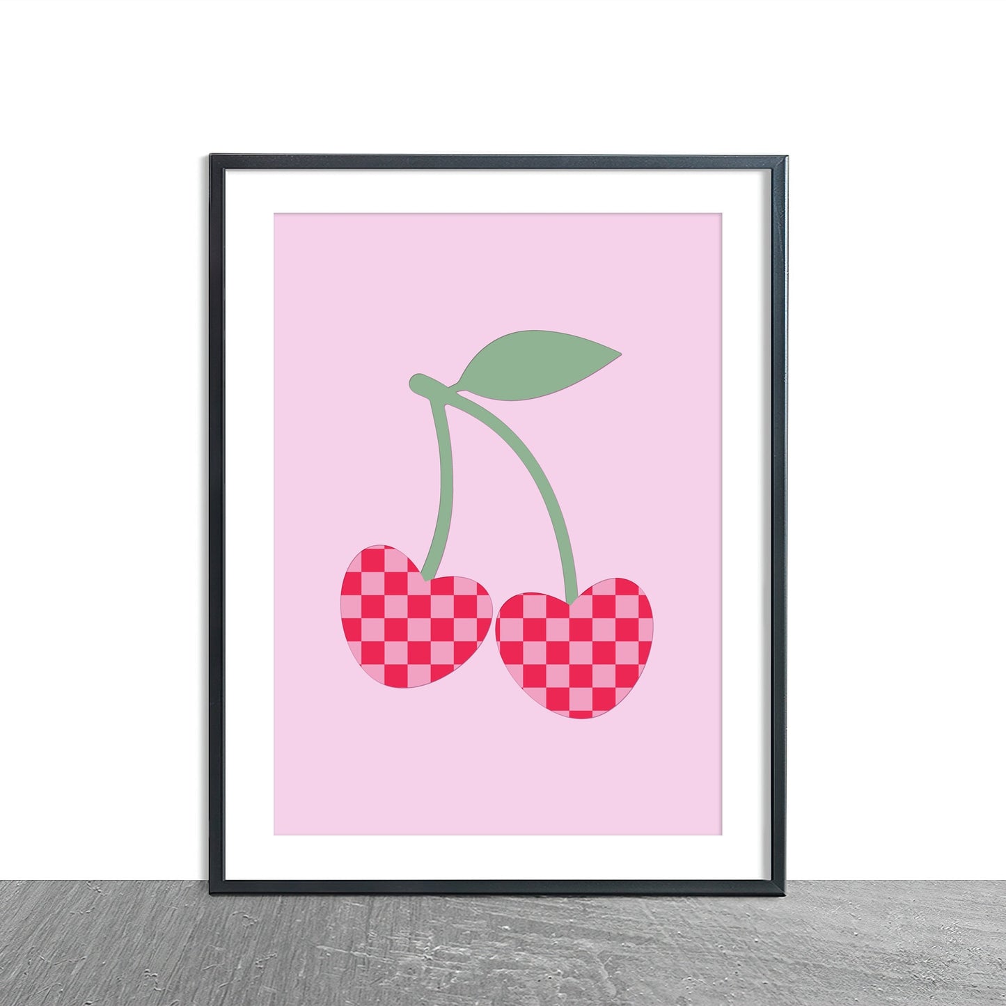 Checkerboard heart pink and red cherries a4 a3 wall print