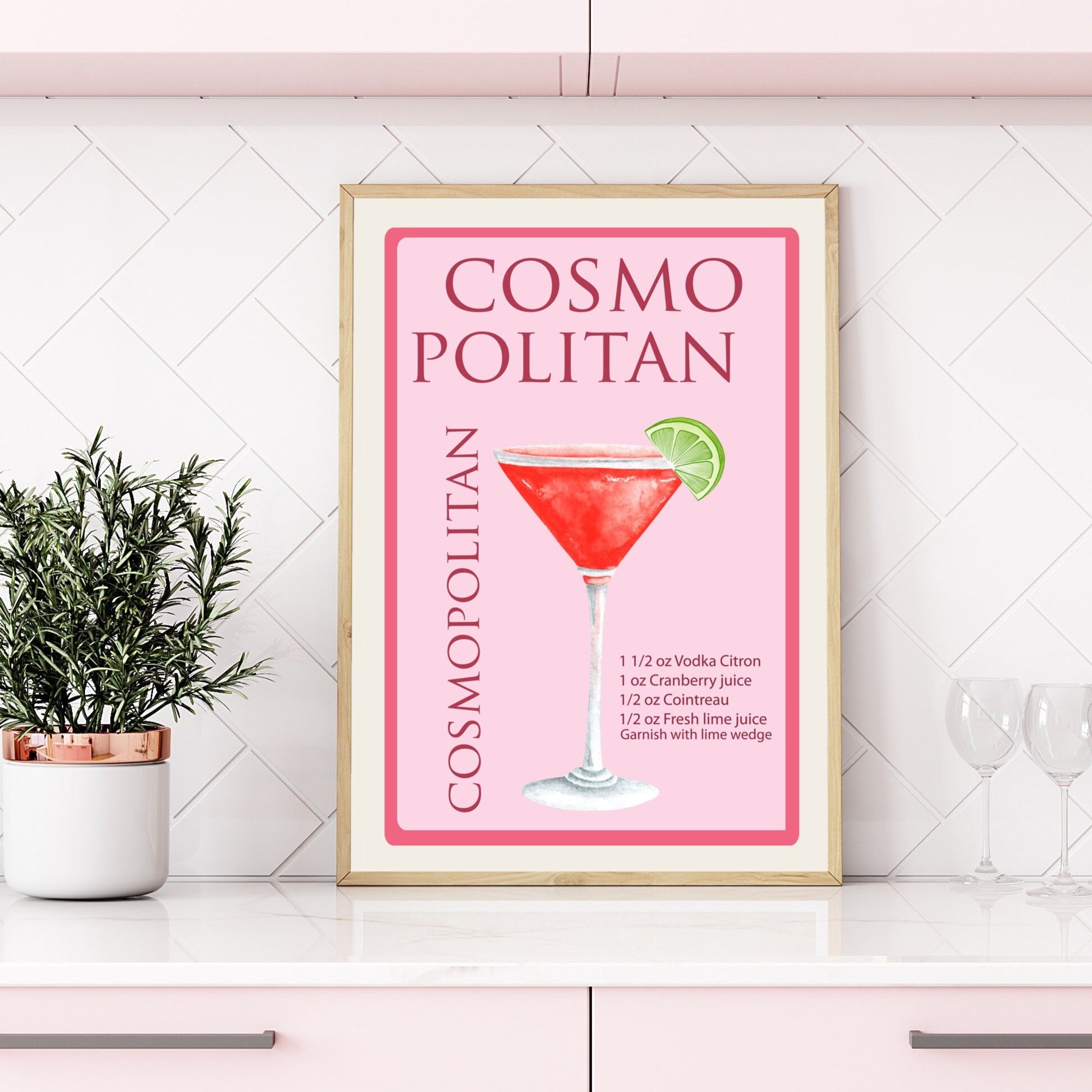 cosmopolitan cocktail recipe pink a4 a3 wall print alcohol art print