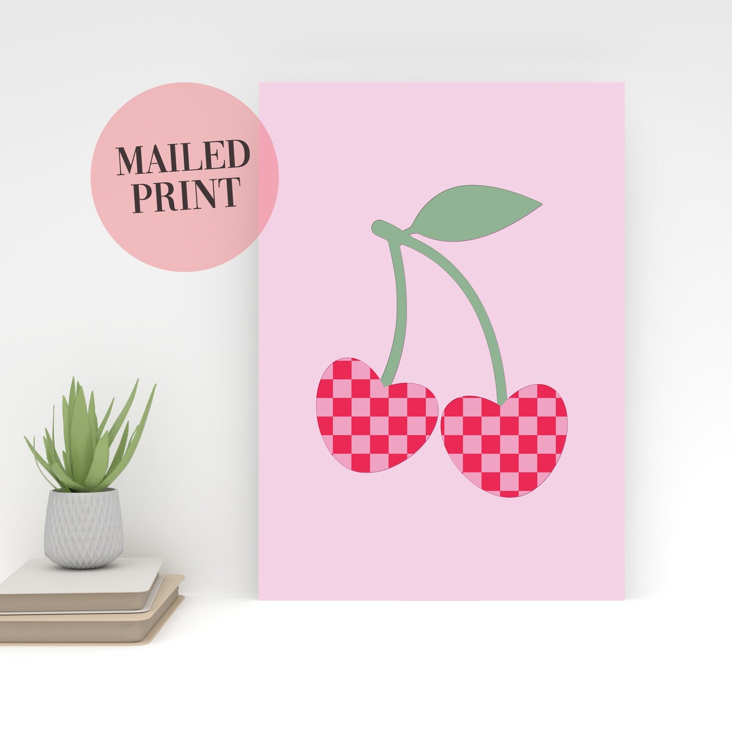 Cherry Wall Print, Checkered Cherries Wall Art, A4/A3 Unframed Card Art Print, Trendy Checkerboard Cherries Wall Decor