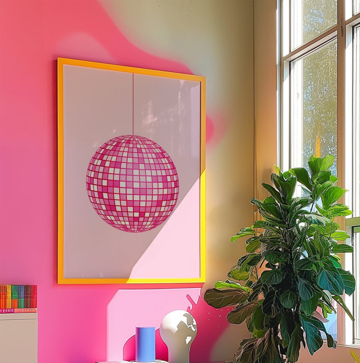 Pink Disco Ball Wall Print, Unframed Card Art Print, Trendy Retro Wall Decor, Girls Room Decor, Pink Aesthetic Home Decor