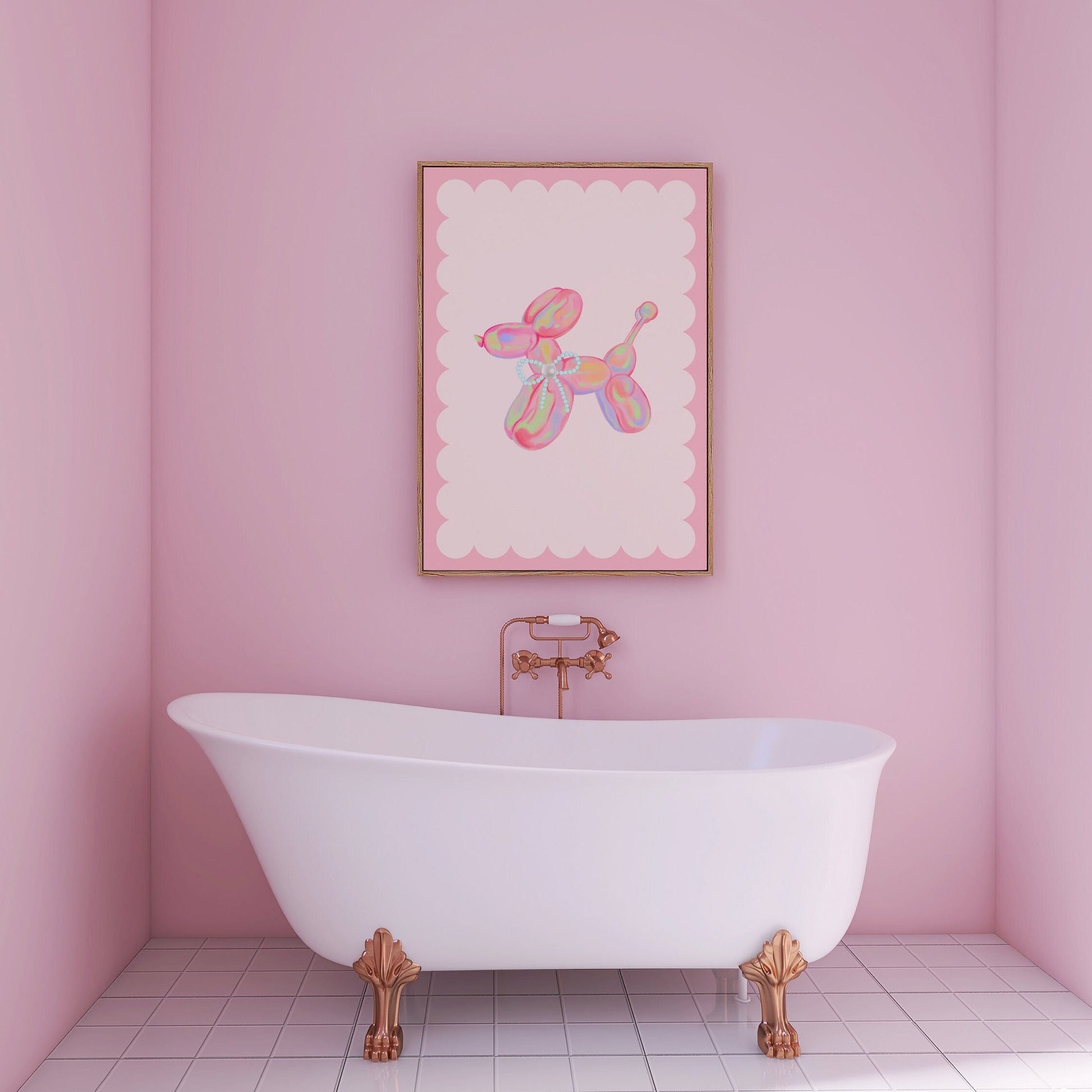 Coquette Pink Balloon Dog With Pearl Bow Wall Print, A4/A3 Unframed Card Art Print, Preppy Wall Decor, Girls Room Decor, Aesthetic Decor