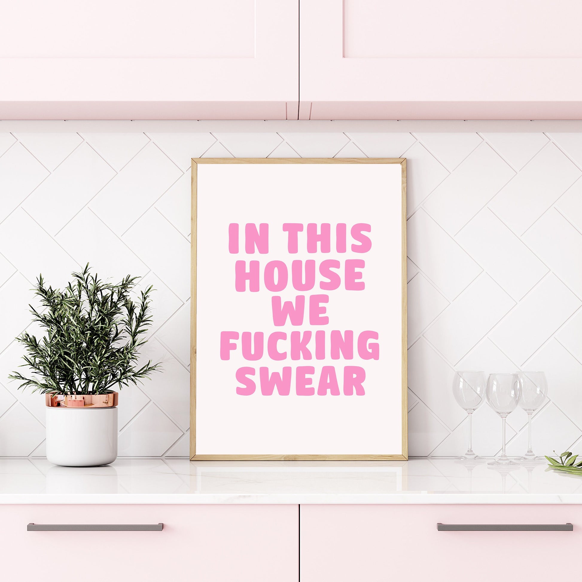 In This House We Fucking Swear Wall Print, A4/A3 Unframed Card Art Print, Pink Aesthetic Wall Decor