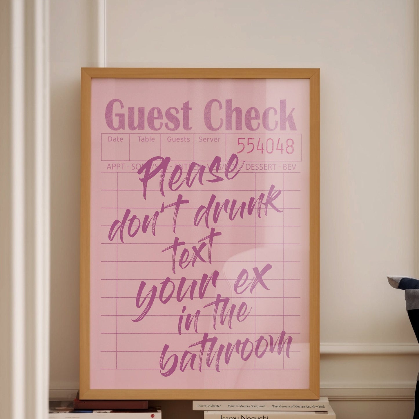 Please Don't Drunk Text Your Ex In The Bathroom, Unframed Card Art Print, Pink Guest Check, Funny Toilet Wall Decor