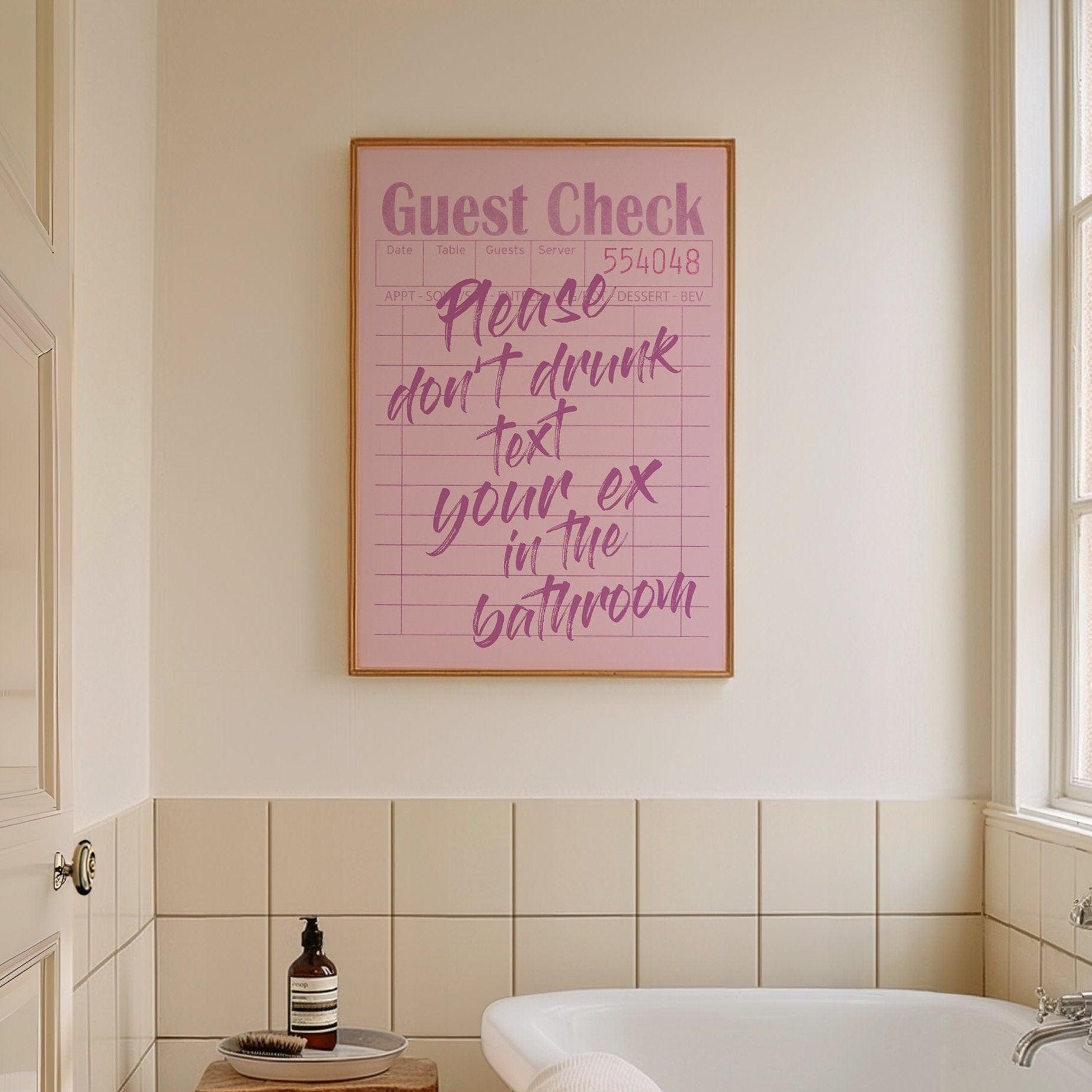 Please Don't Drunk Text Your Ex In The Bathroom, Unframed Card Art Print, Pink Guest Check, Funny Toilet Wall Decor