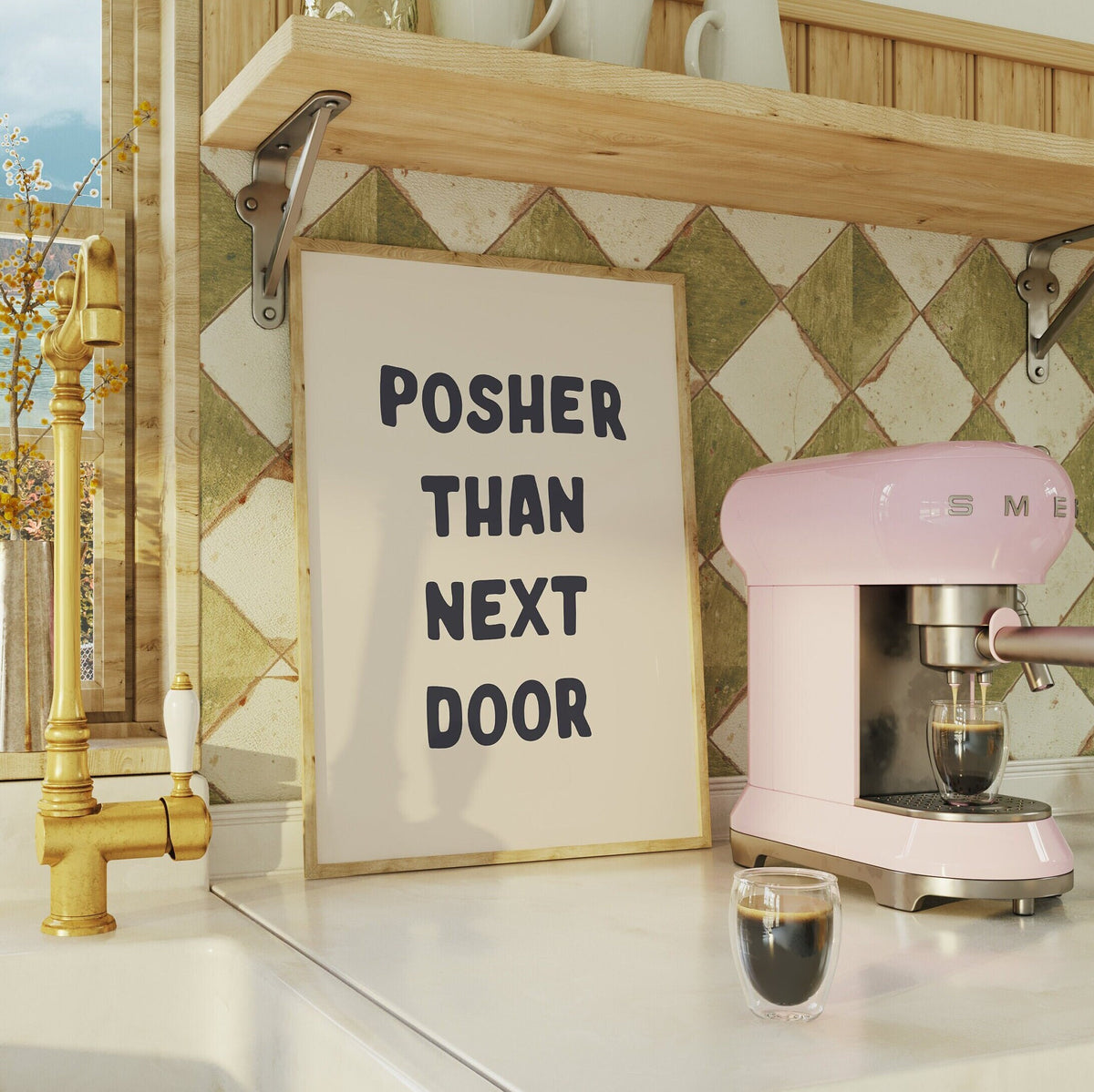 Posher Than Next Door, Wall Print, Unframed Card Art Print, Cream and Black