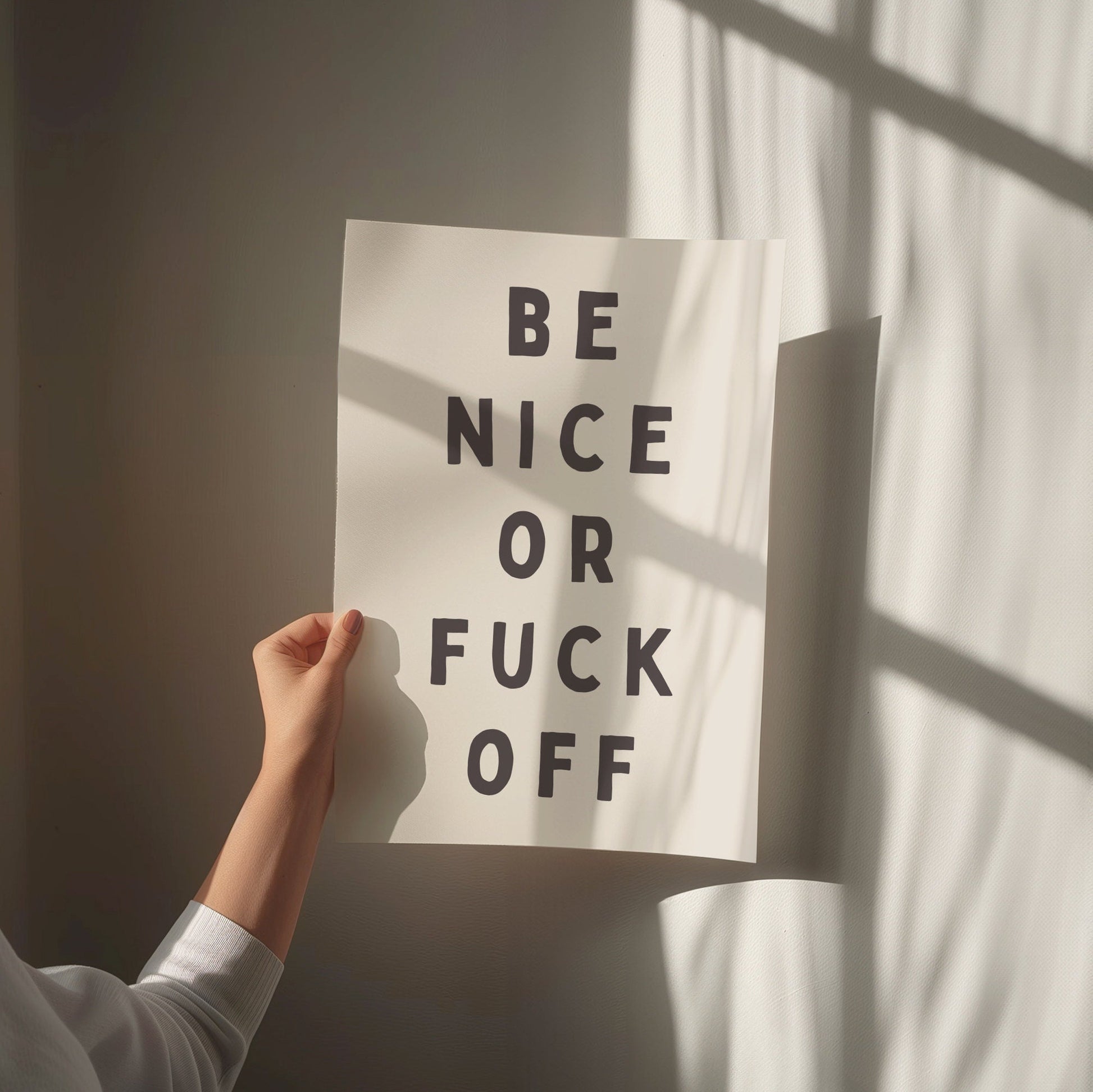 Be Nice or Fuck Off, Unframed Card Art Print, Funny Hallway Wall Decor, Cream and Black Print