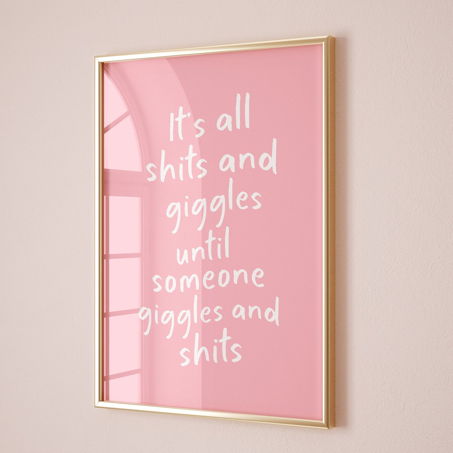 It's All Shits And Giggles Wall Print, Unframed Card Art Print, Funny Bathroom Print, Pink and White