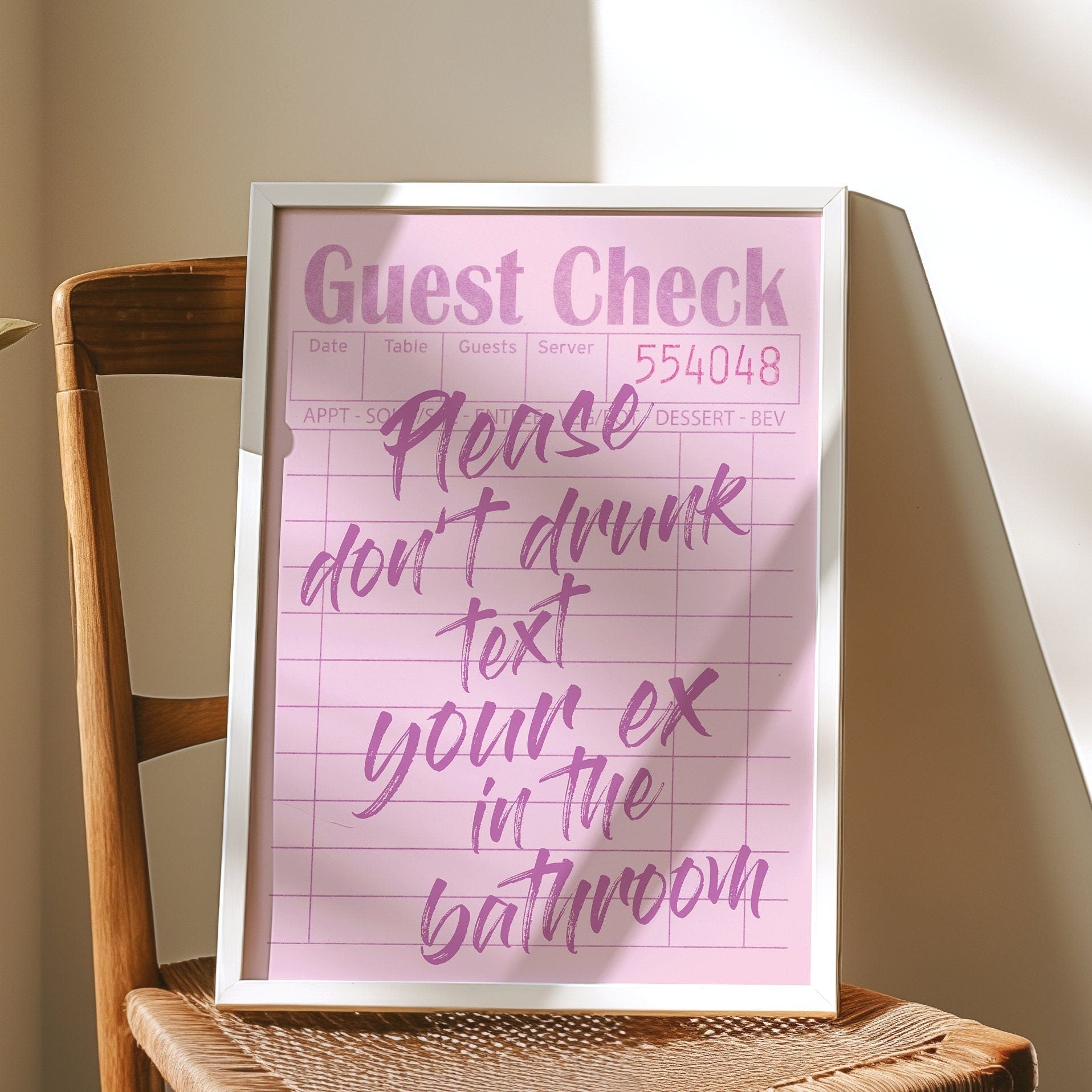 Please Don't Drunk Text Your Ex In The Bathroom, Unframed Card Art Print, Pink Guest Check, Funny Toilet Wall Decor