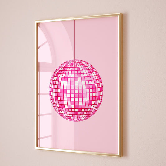 Pink Disco Ball Wall Print, Unframed Card Art Print, Trendy Retro Wall Decor, Girls Room Decor, Pink Aesthetic Home Decor