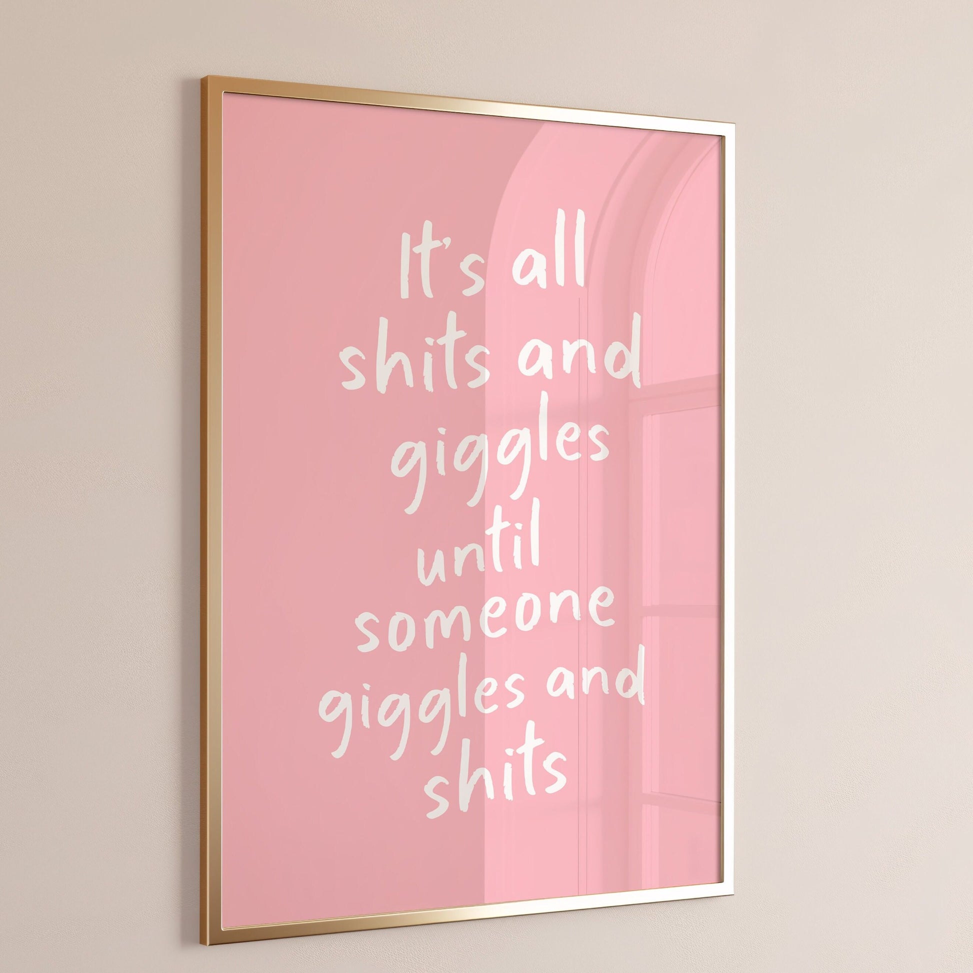 It's All Shits And Giggles Wall Print, Unframed Card Art Print, Funny Bathroom Print, Pink and White