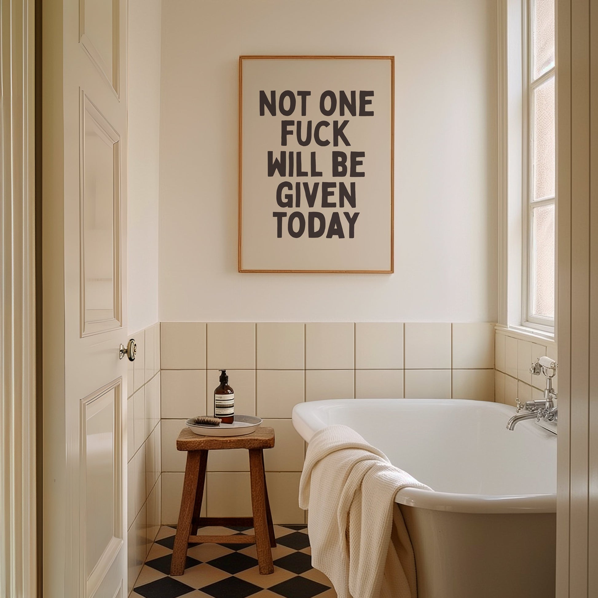 Not One Fuck Will Be Given Today, Unframed Card Art Print, Funny Hallway Wall Decor, Cream and Black Print