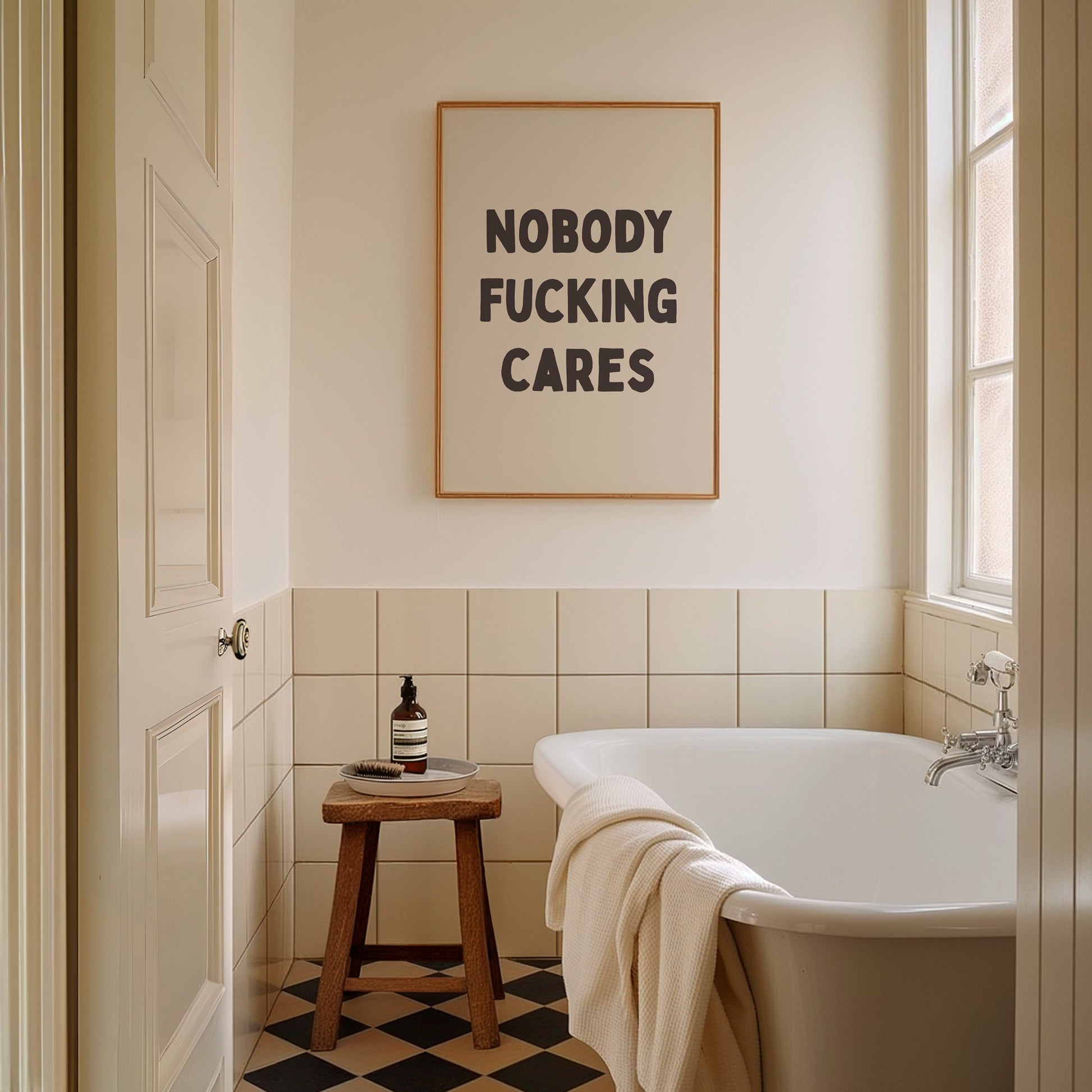 Nobody Fucking Cares, Unframed Card Art Print, Funny Hallway Wall Decor, Cream and Black Print