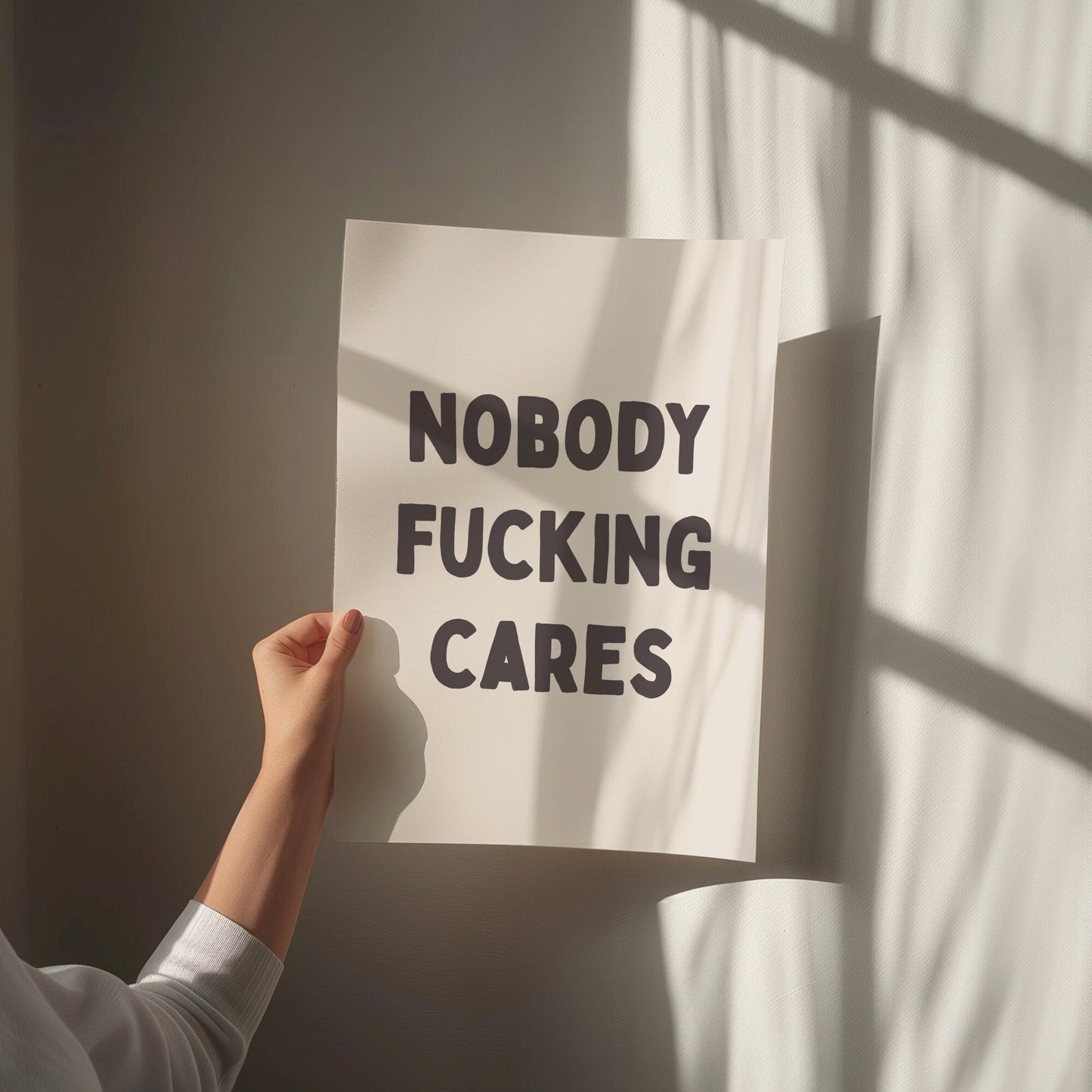 Nobody Fucking Cares, Unframed Card Art Print, Funny Hallway Wall Decor, Cream and Black Print