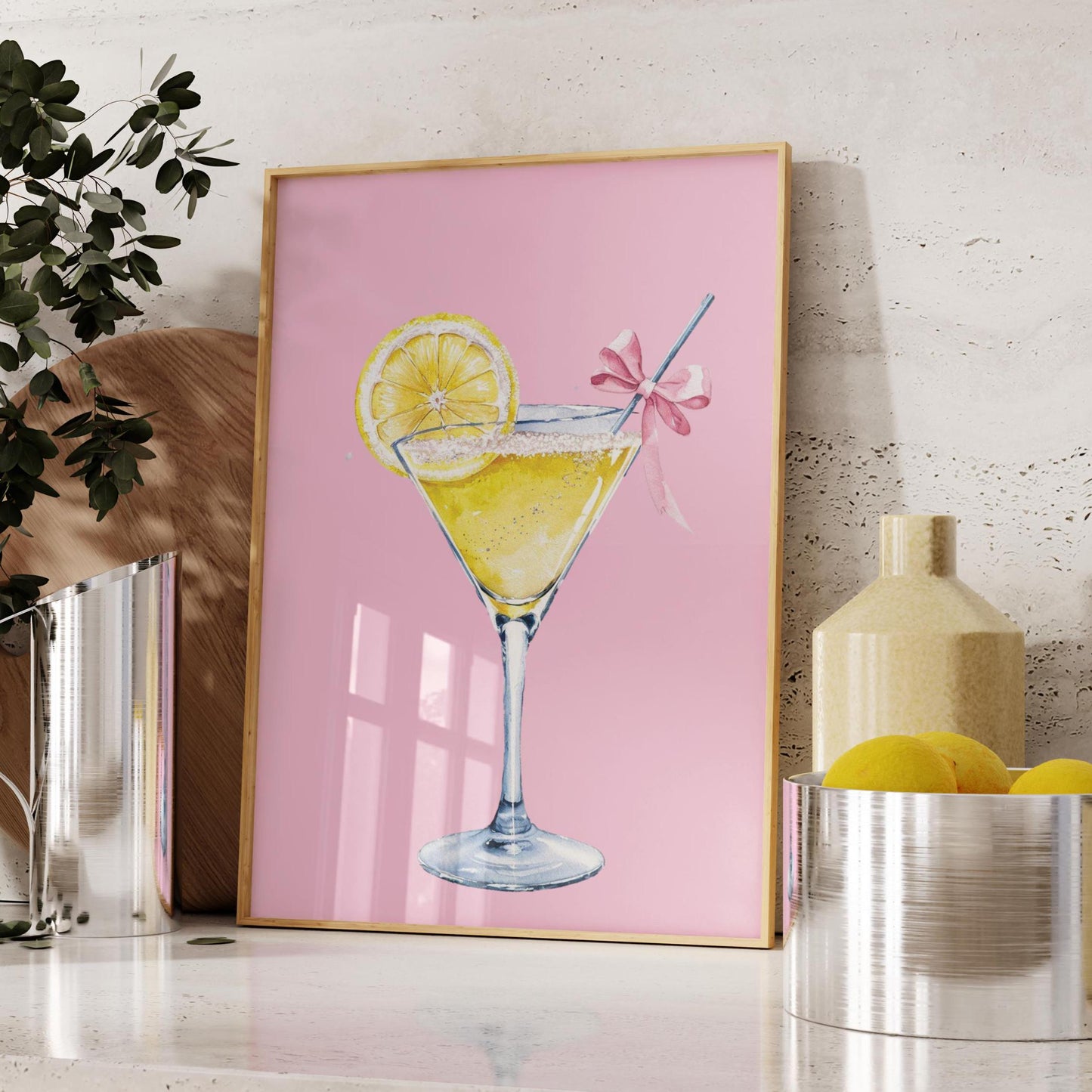 lemon cocktail pink bow wall print