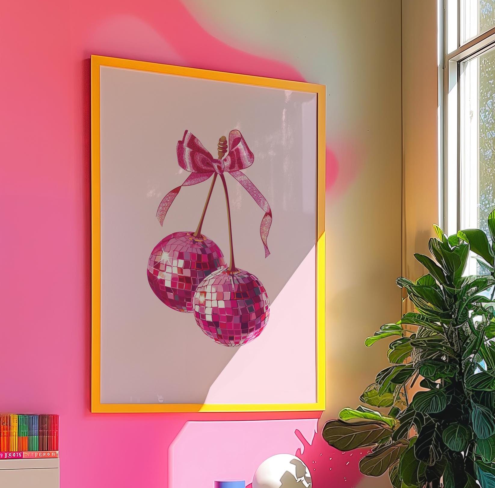 pink disco cherries wall print