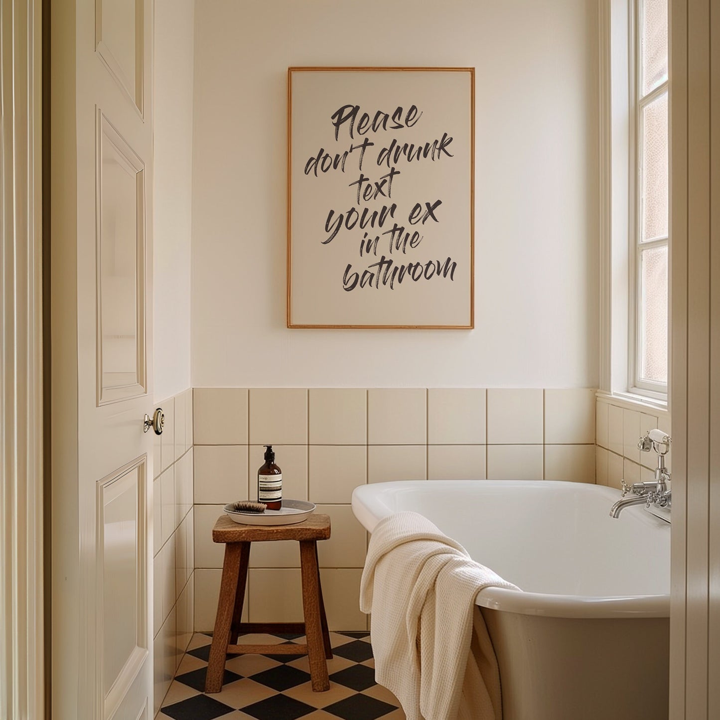 Please Don't Drunk Text Your Ex In The Bathroom, Unframed Card Art Print, Funny Toilet Wall Decor, Cream and Black