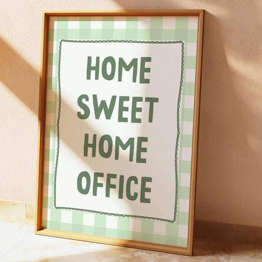 home sweet home office wall print green and white gingham