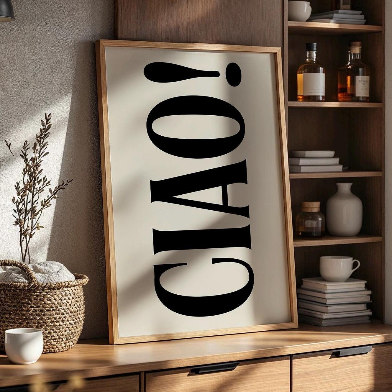 Ciao Poster, Modern Minimalism Retro Style Black and Beige Italian Wall Print Ciao Quote, Typography Poster, Cool Quirky Wall Print
