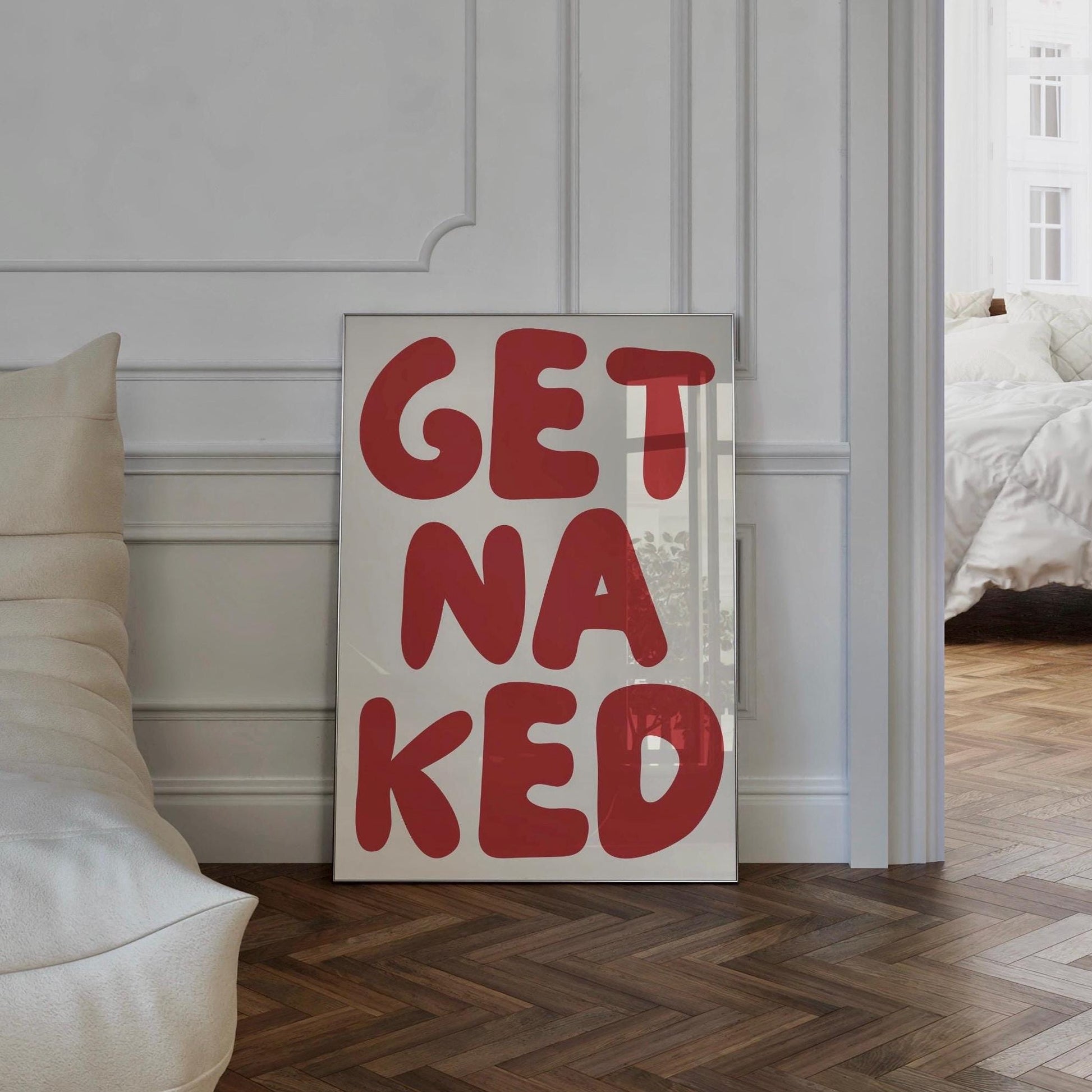 Get Naked Bathroom Print, Funny Cheeky Wall Art for Bathroom, Bold Retro Red Typography Poster, Playful Eclectic Decor, Funky Bathroom Quote