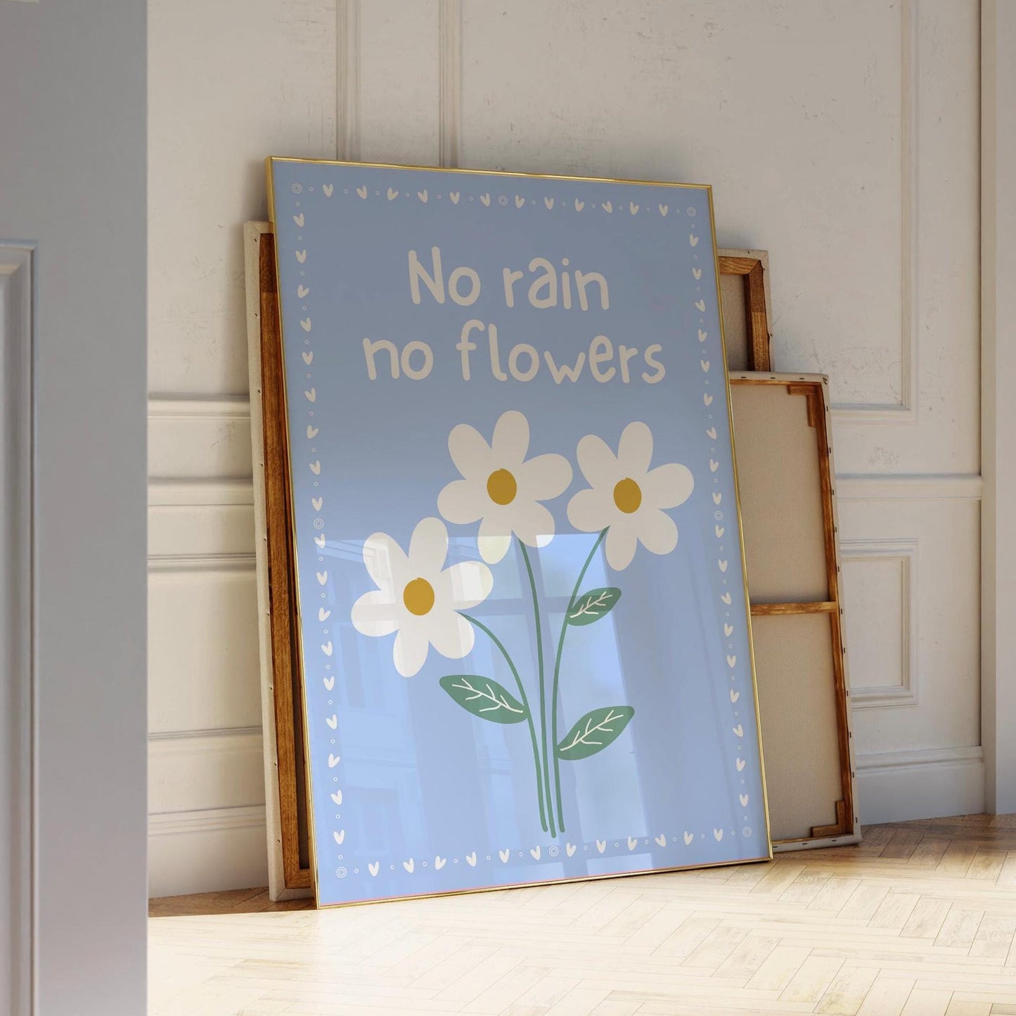 No Rain No Flowers Print, Daisy Wall Art, Motivational Quote Poster, Pastel Blue Floral Decor, Cottagecore Wall Art, Uplifting Room Art
