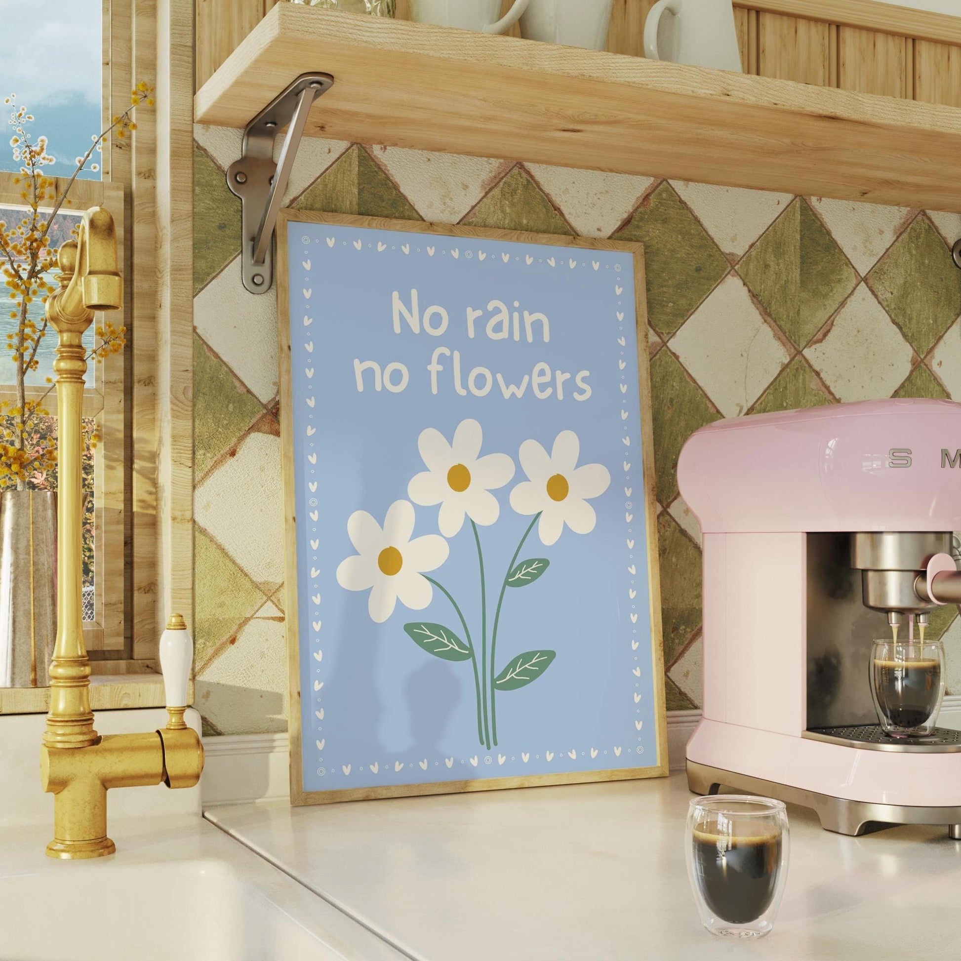 No Rain No Flowers Print, Daisy Wall Art, Motivational Quote Poster, Pastel Blue Floral Decor, Cottagecore Wall Art, Uplifting Room Art