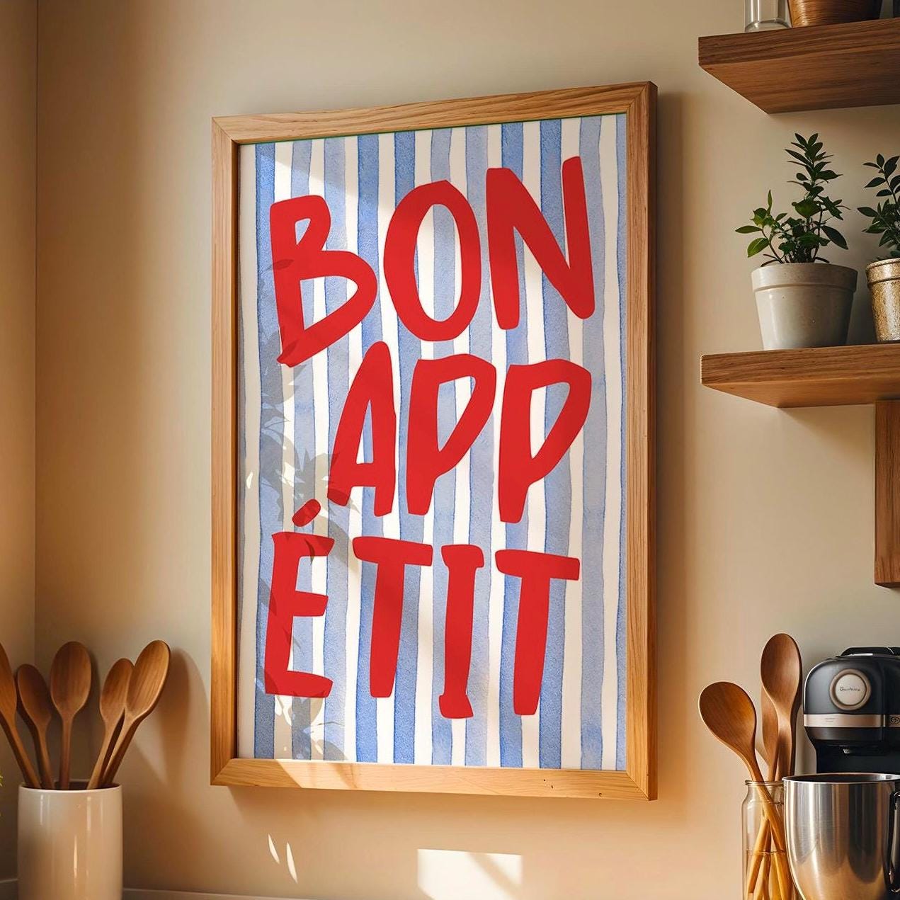 Bon Appetit Poster, Typography Print, French Quote Poster, Blue stripped Kitchen Wall Art, Funky Poster, Maximalist Kitchen Print