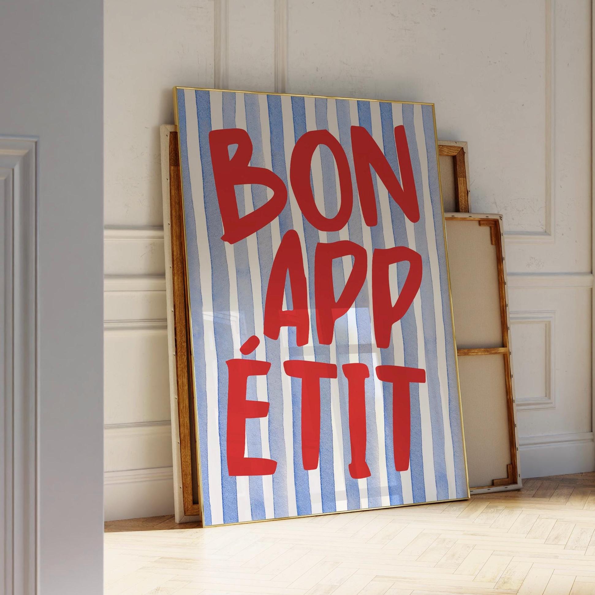 Bon Appetit Poster, Typography Print, French Quote Poster, Blue stripped Kitchen Wall Art, Funky Poster, Maximalist Kitchen Print