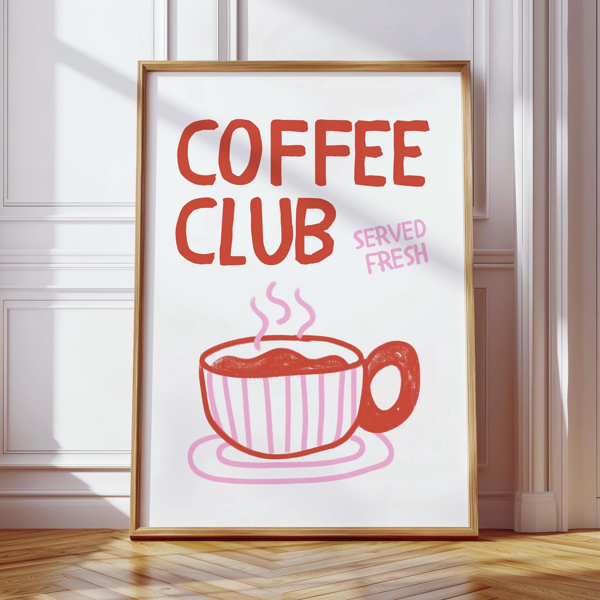 Coffee Club Kitchen Print, Kitchen Poster Coffee Print, Hand Drawn Kitchen Print , Cool Poster, Red and Pink Print, Gift for Coffee Lover