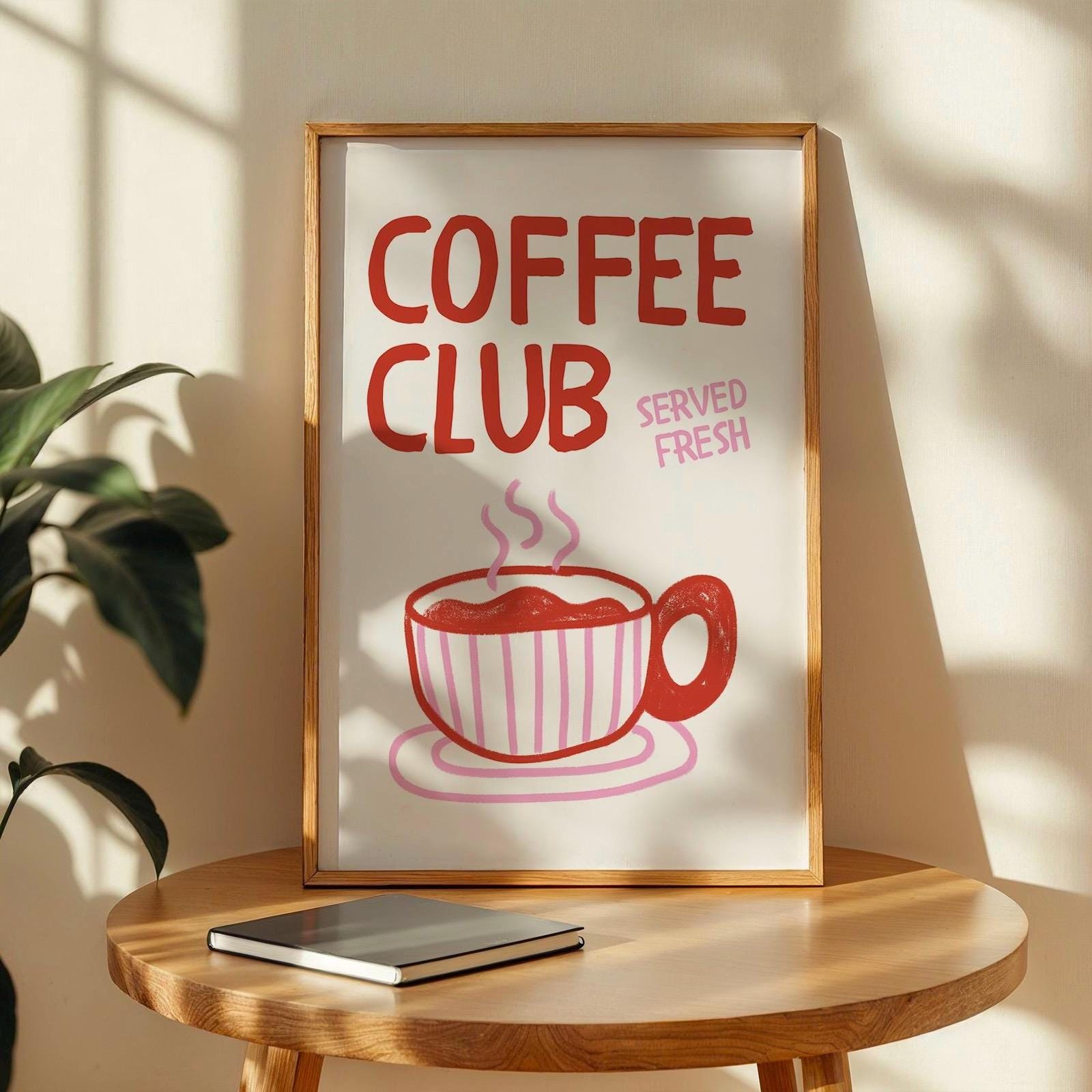 Coffee Club Kitchen Print, Kitchen Poster Coffee Print, Hand Drawn Kitchen Print , Cool Poster, Red and Pink Print, Gift for Coffee Lover