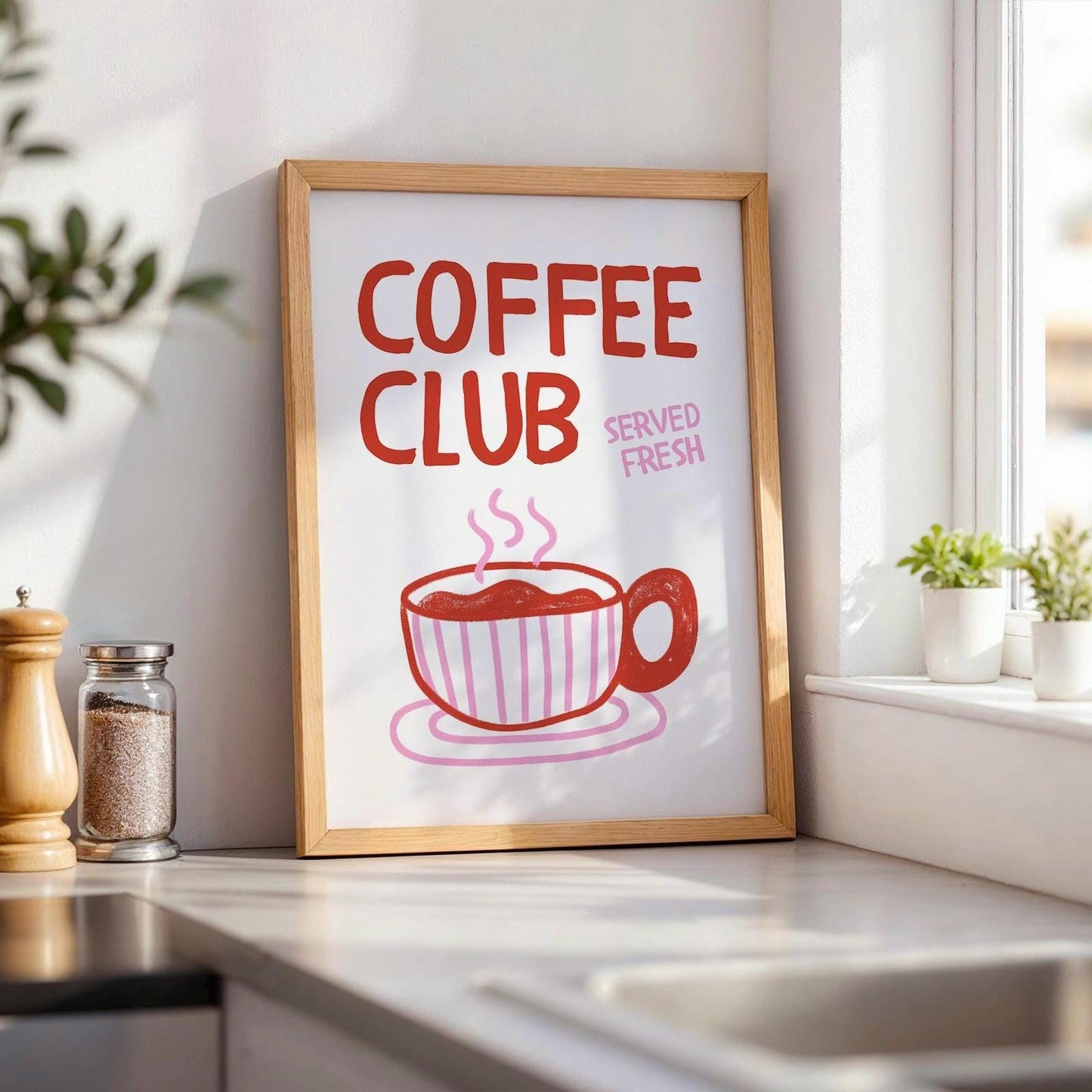 Coffee Club Kitchen Print, Kitchen Poster Coffee Print, Hand Drawn Kitchen Print , Cool Poster, Red and Pink Print, Gift for Coffee Lover