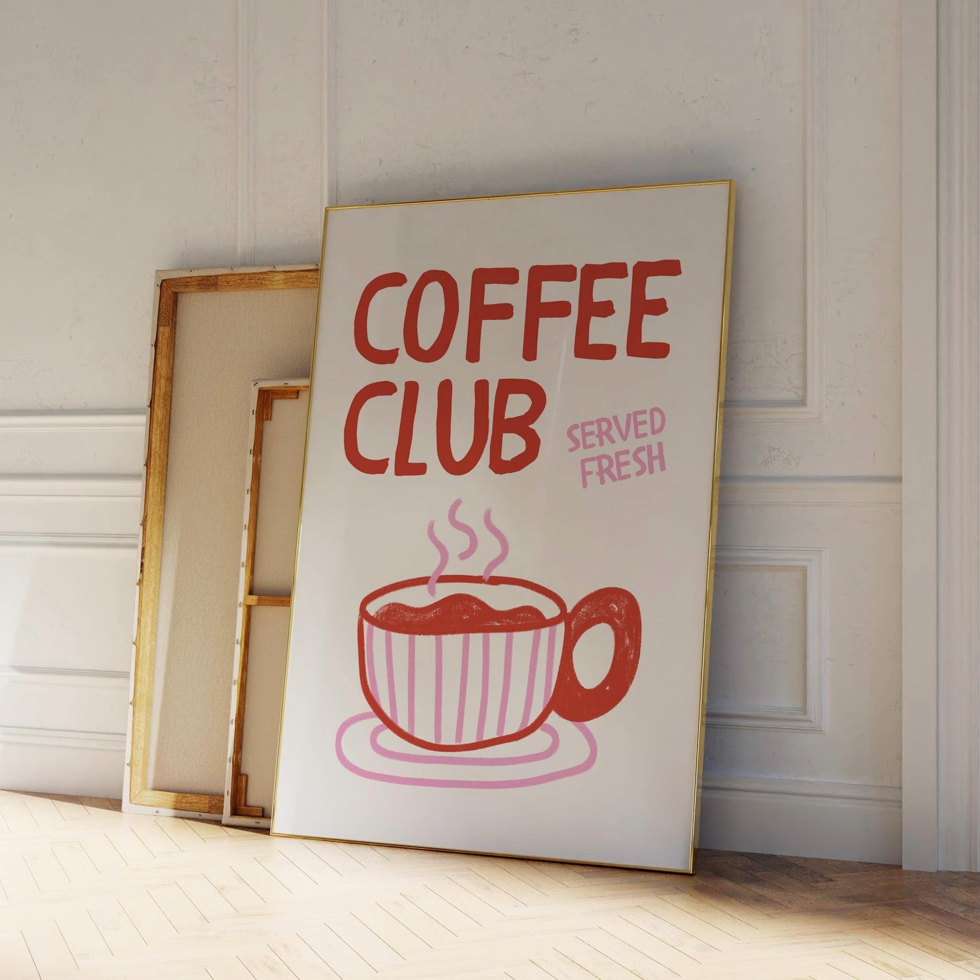 Coffee Club Kitchen Print, Kitchen Poster Coffee Print, Hand Drawn Kitchen Print , Cool Poster, Red and Pink Print, Gift for Coffee Lover