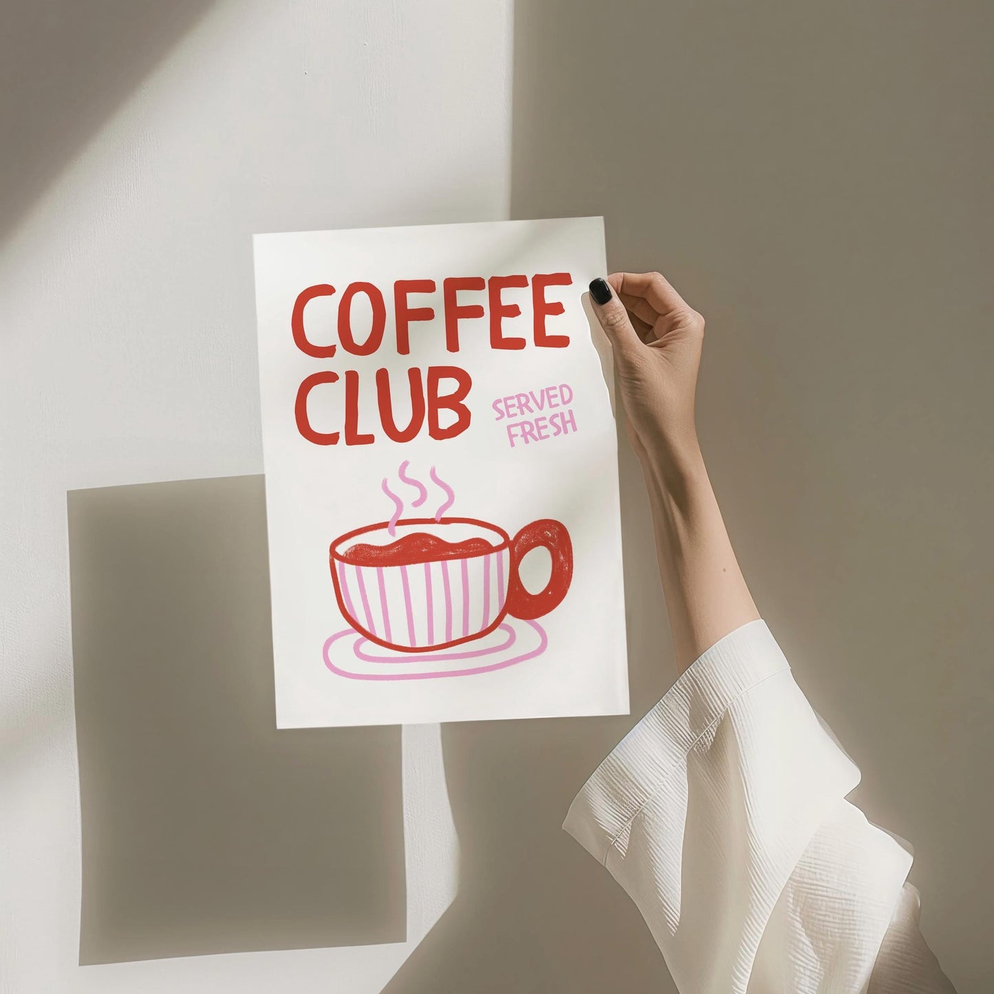 Coffee Club Kitchen Print, Kitchen Poster Coffee Print, Hand Drawn Kitchen Print , Cool Poster, Red and Pink Print, Gift for Coffee Lover