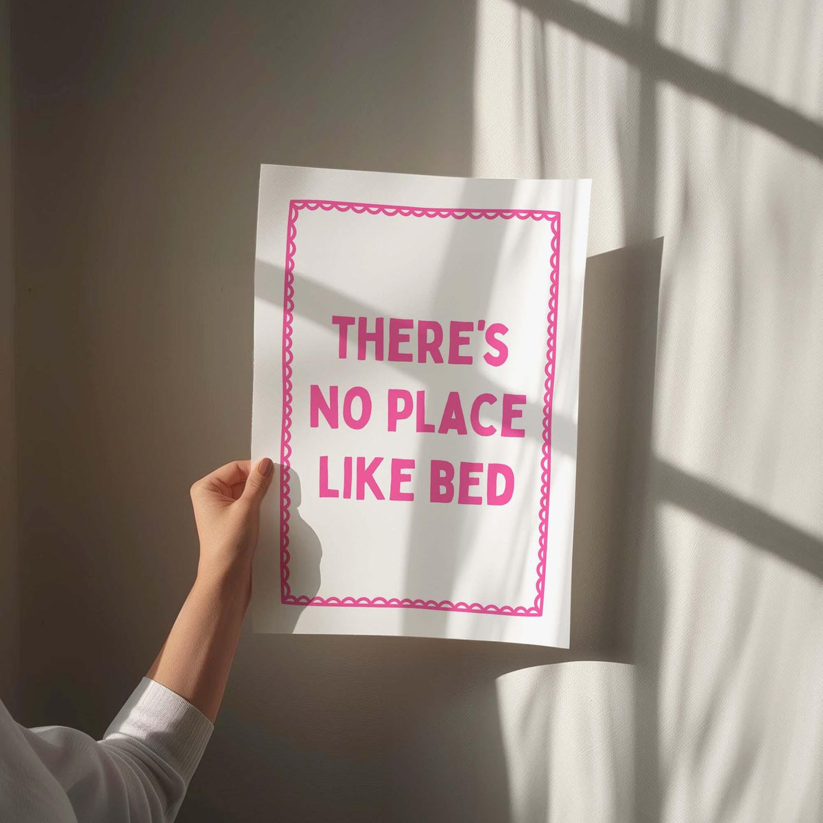 theres no place like bed wall art print white and pink