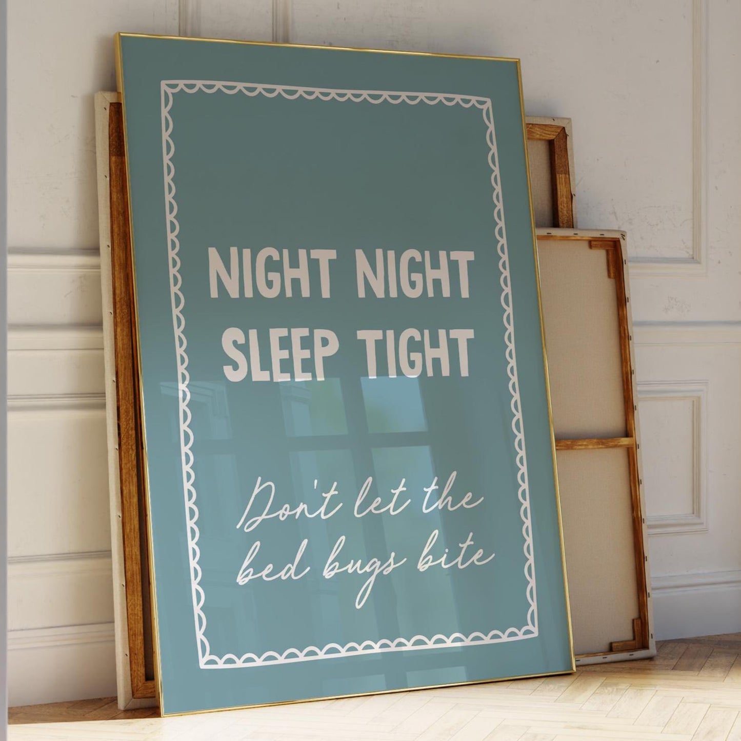Night Night Sleep Tight Dont Let The Bed Bugs Bite Art Print Teal Blue Wall Decor