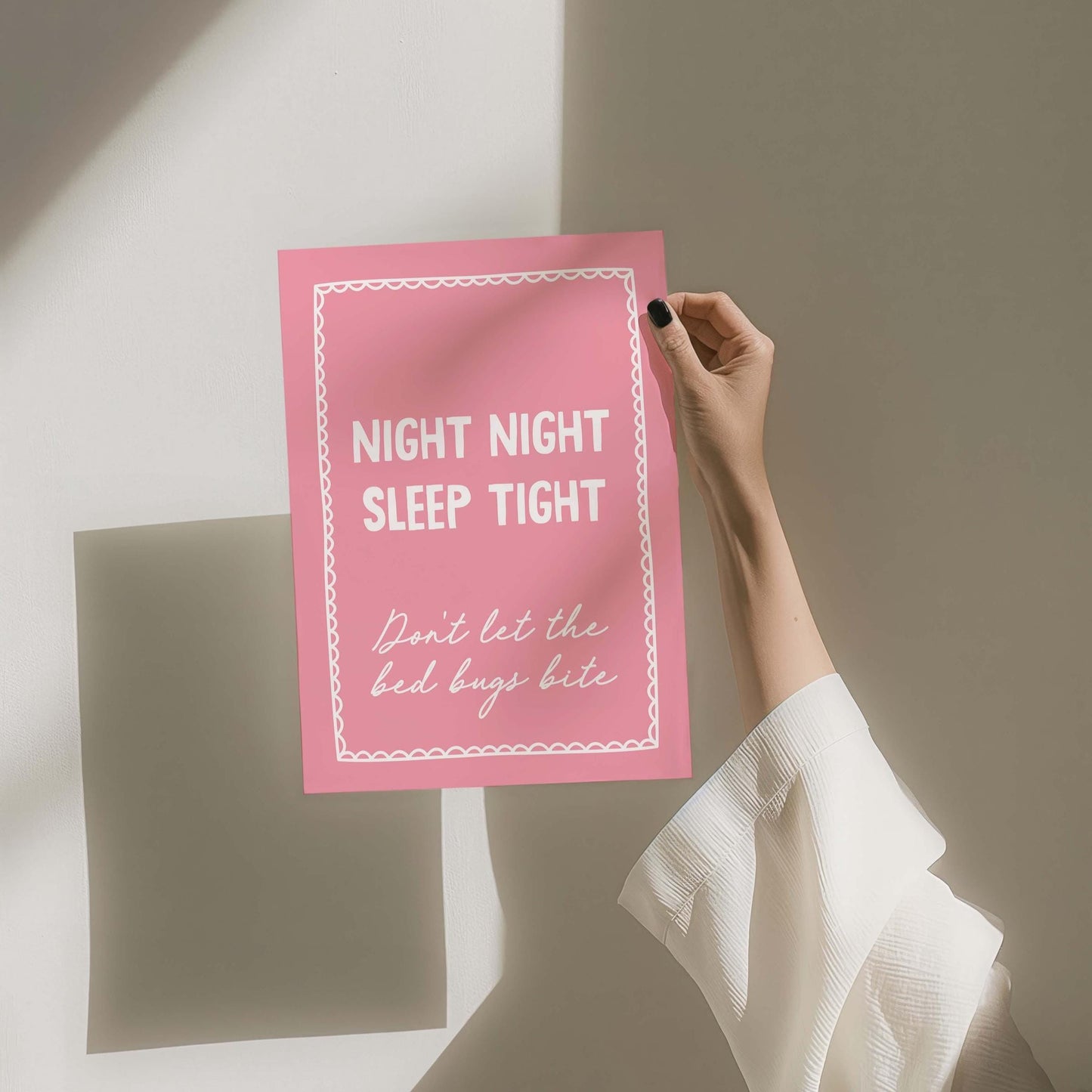 Night Night Sleep Tight Dont Let The Bed Bugs Bite Pink and White Wall Art Print