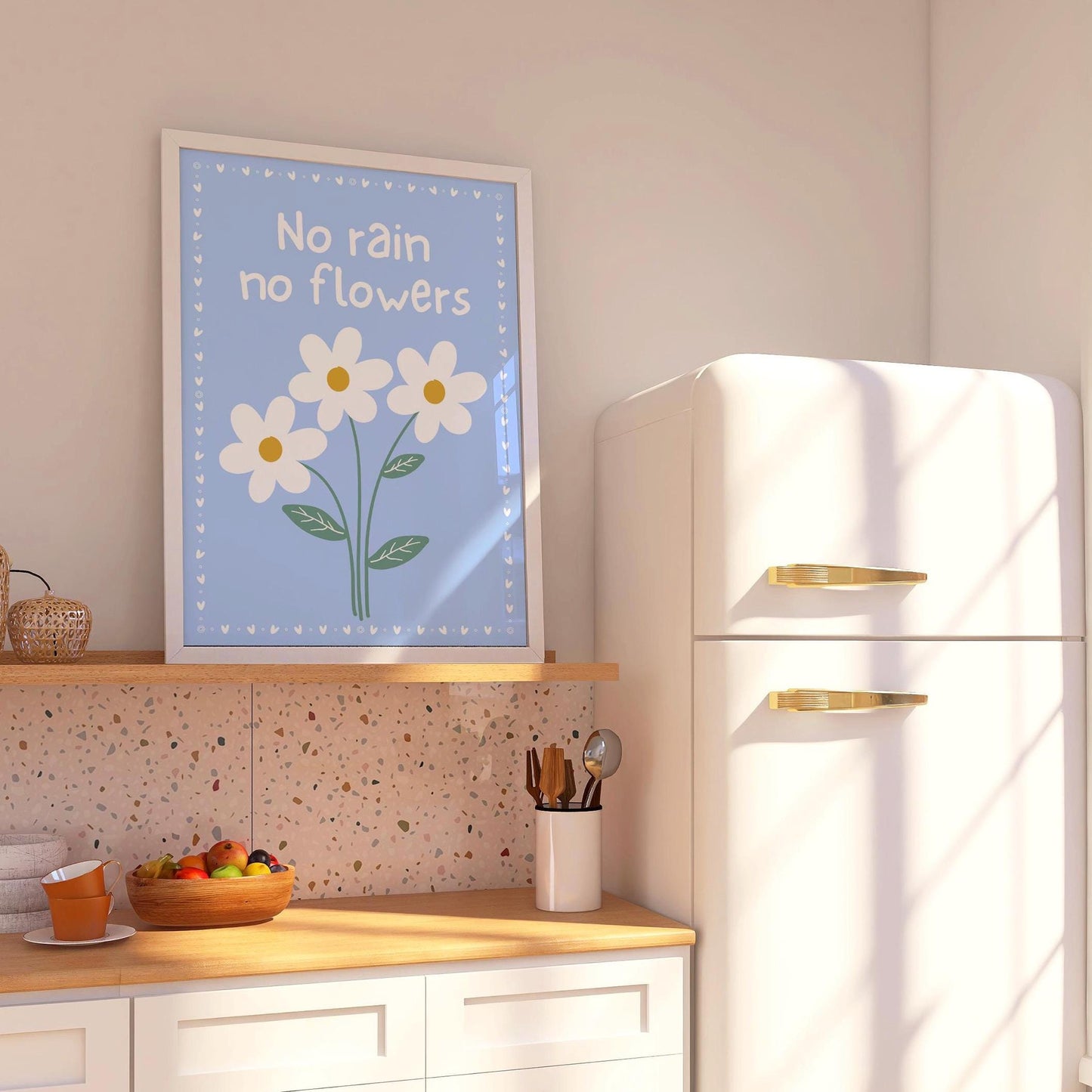 No Rain No Flowers Print, Daisy Wall Art, Motivational Quote Poster, Pastel Blue Floral Decor, Cottagecore Wall Art, Uplifting Room Art