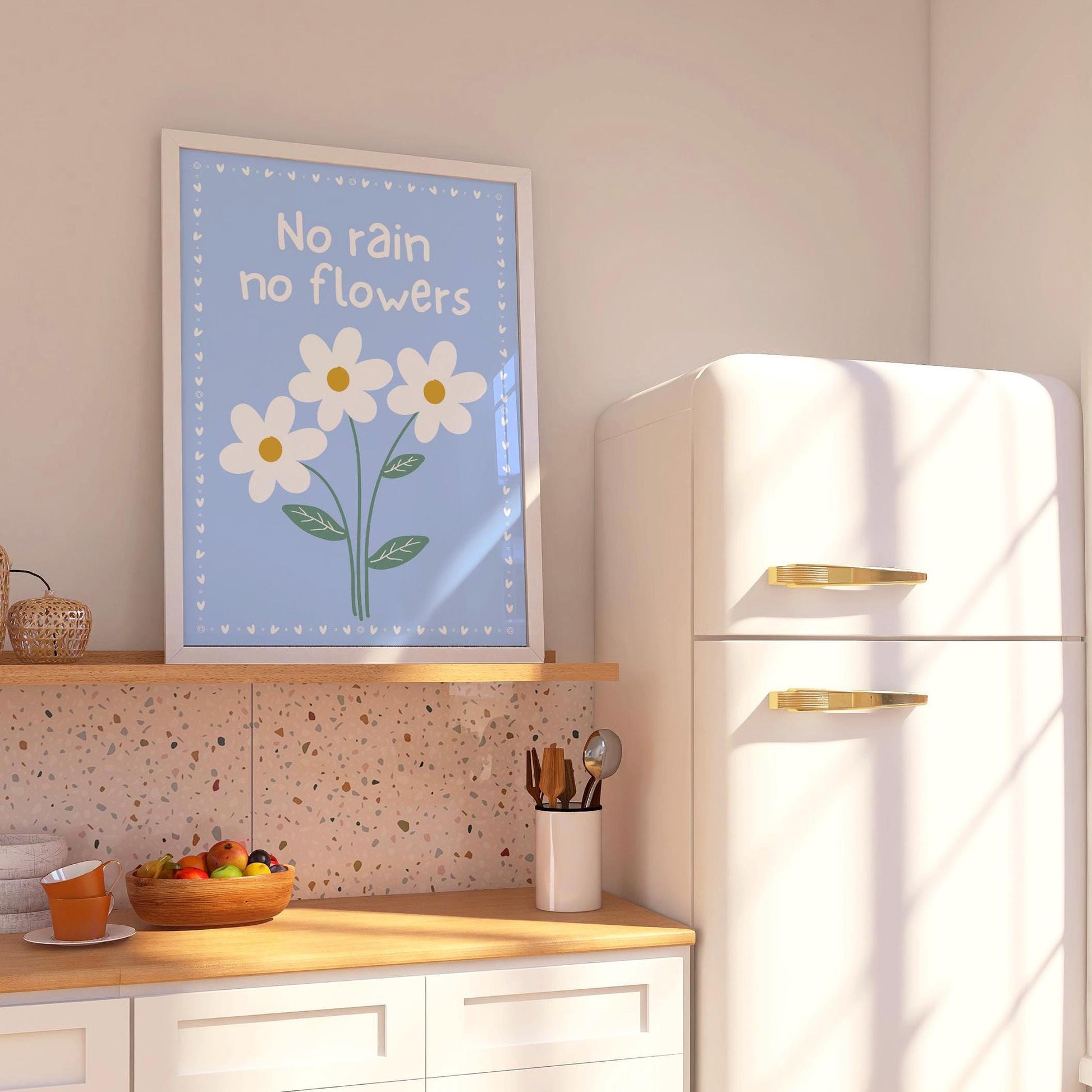 No Rain No Flowers Print, Daisy Wall Art, Motivational Quote Poster, Pastel Blue Floral Decor, Cottagecore Wall Art, Uplifting Room Art