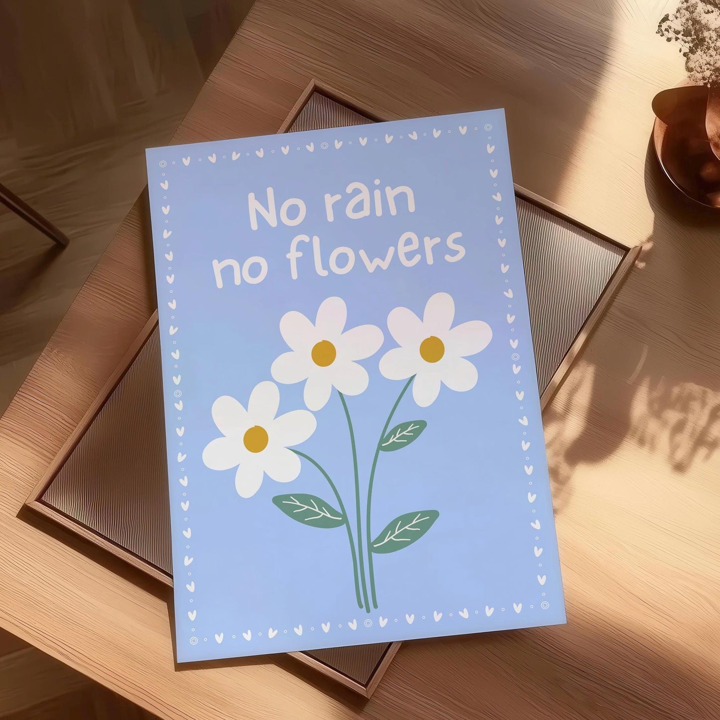 No Rain No Flowers Print, Daisy Wall Art, Motivational Quote Poster, Pastel Blue Floral Decor, Cottagecore Wall Art, Uplifting Room Art