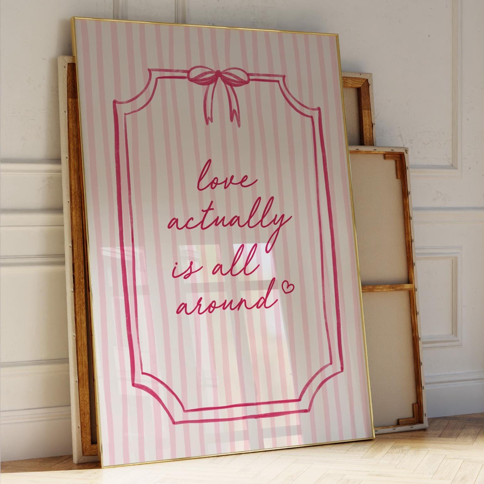 Love Actually Is All Around Pink Coquette Striped Wall Art Print