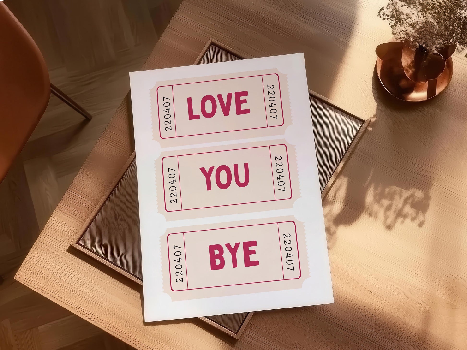 Love you bye ticket Print Poster, Trendy Love Print, girly Wall Art, cool wall print, Retro quirky wall art, Girls Bedroom Poster