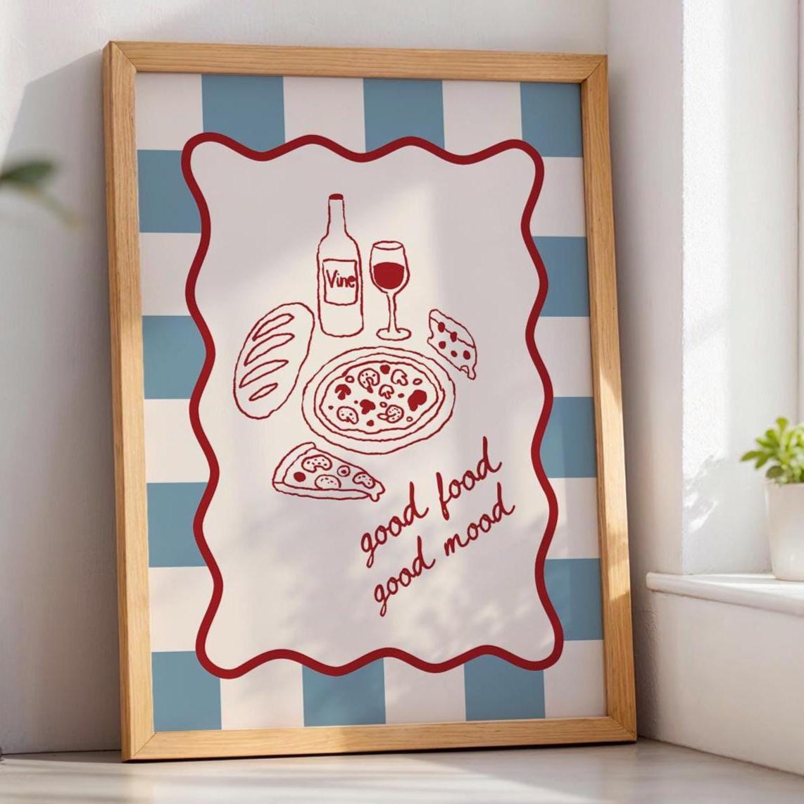 Retro Dinner Table Blue Checkered Wall Art Good Food Good Mood Quote