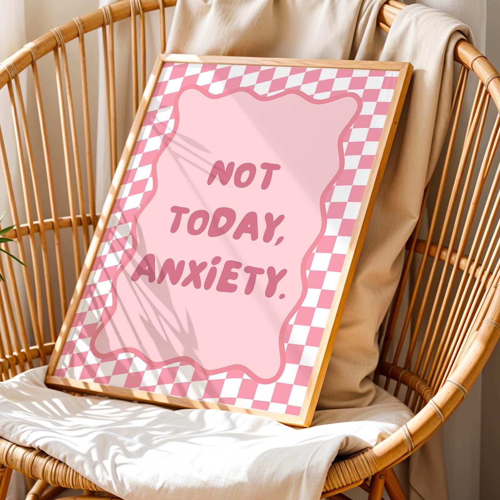 Not Today Anxiety Art Print Pink Checkered Wall Print