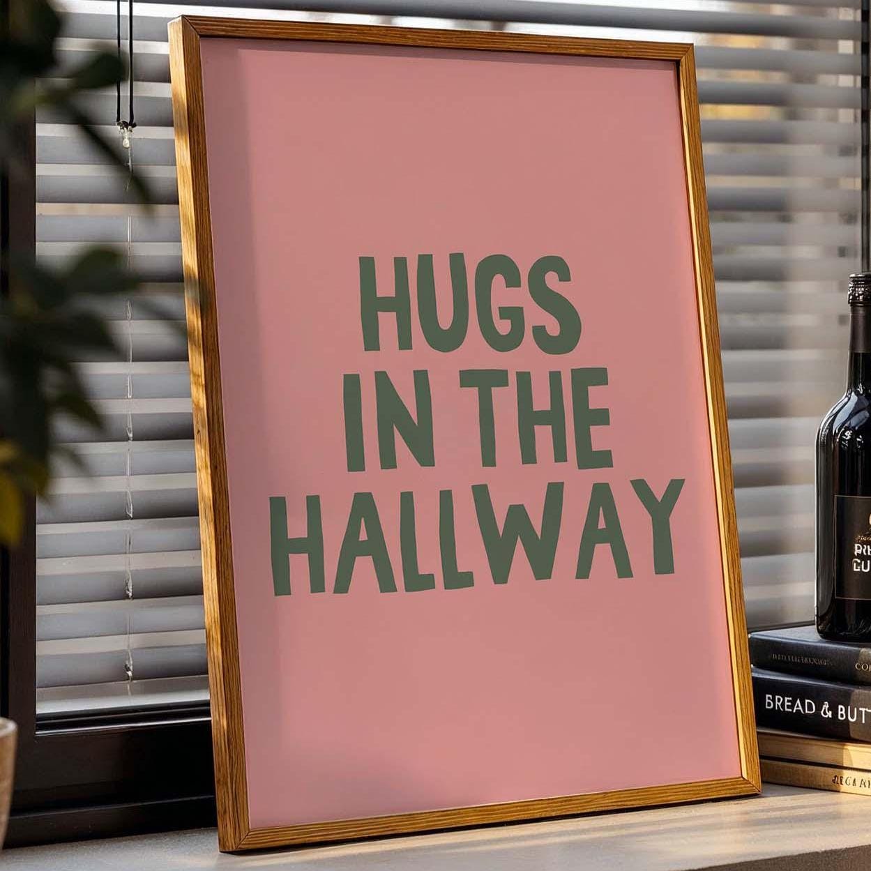 hugs in the hallway wall print pink and green