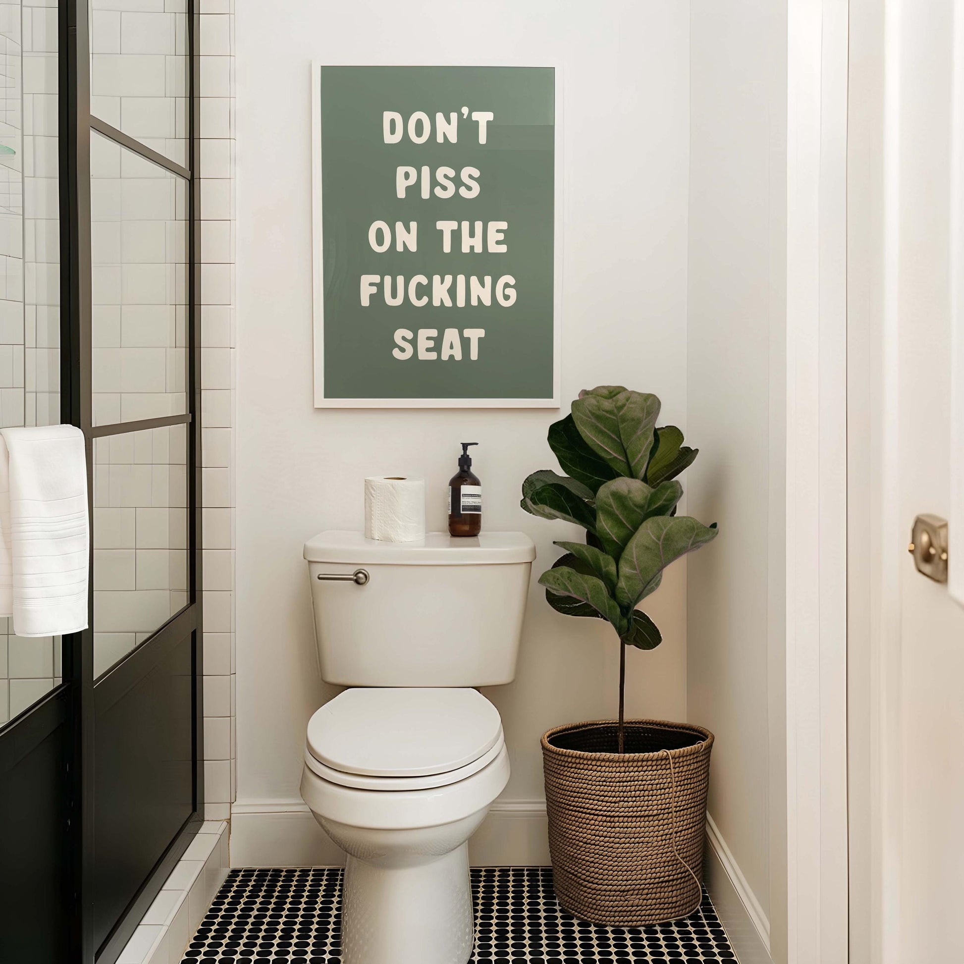 dont piss on the seat green and cream bathroom wall art print