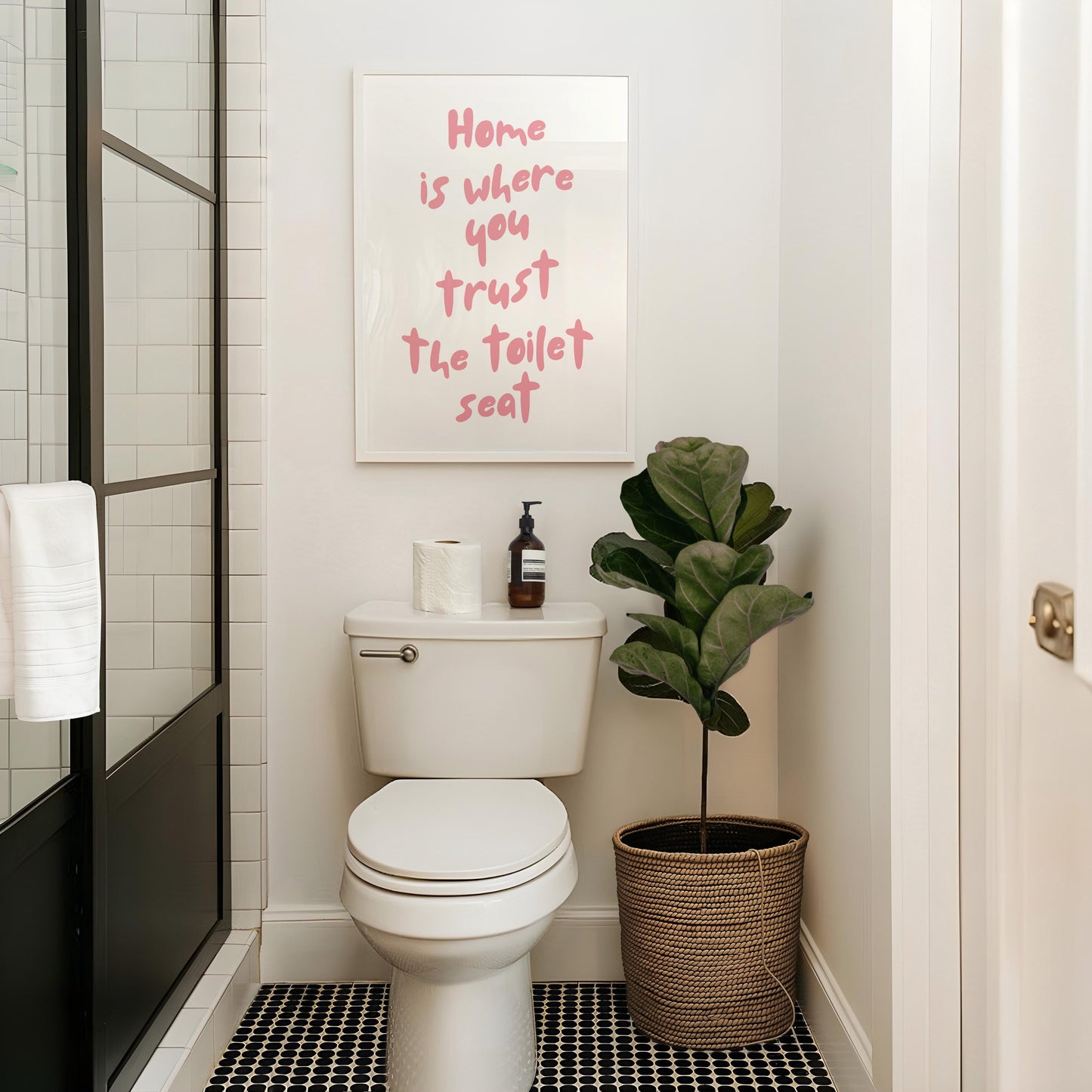 Home Is Where You Trust The Toilet Seat Art Print, Funny Bathroom Quote, Above Toilet Wall Art, Blush Pink and White