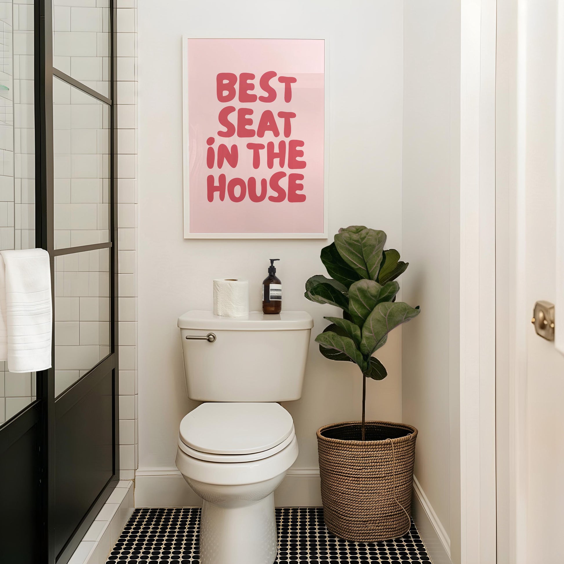 Best Seat In The House Art Print Funny Above Toilet Wall Art Trendy Retro Pink and Red Bathroom Wall Decor